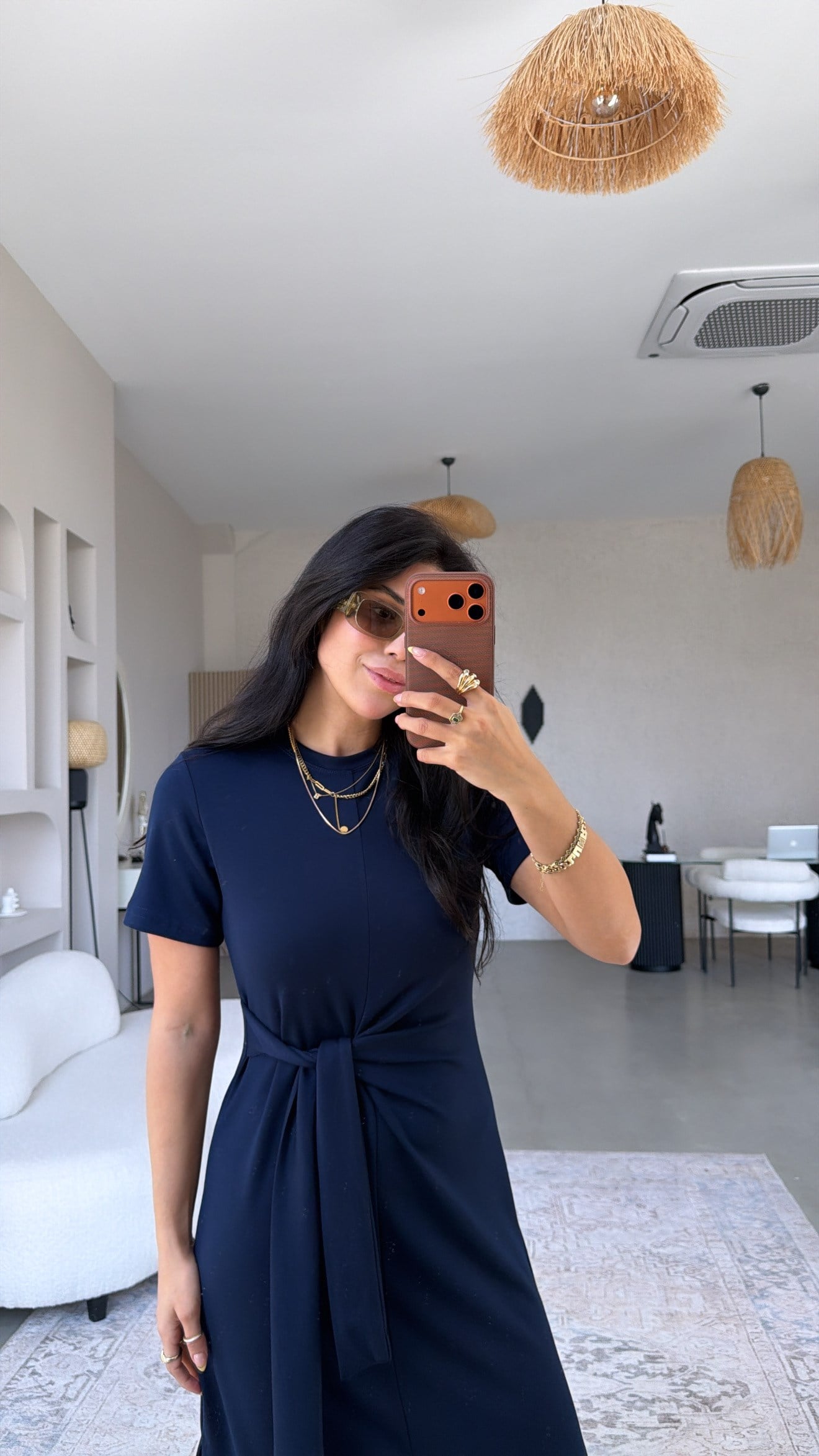 Lacivert Bağlamalı Kısa Kol Modal Elbise