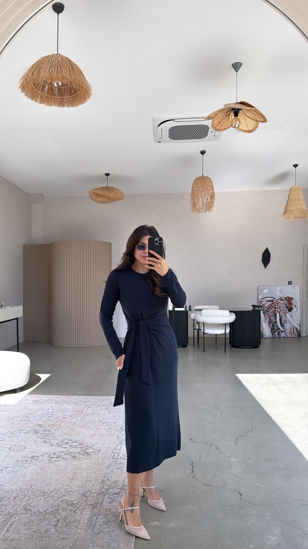 Lacivert Bağlamalı Modal Elbise