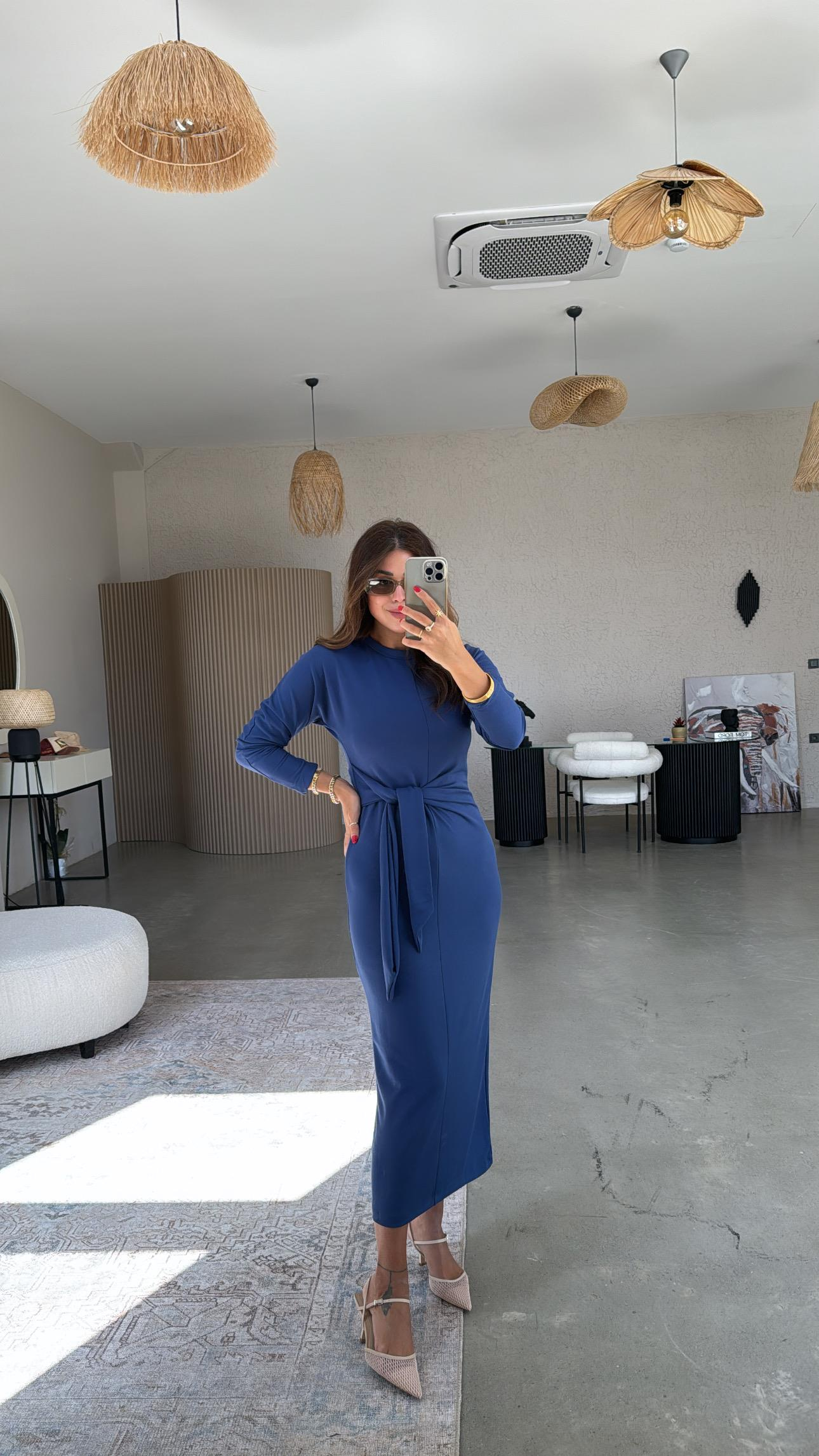 Lacivert Bağlamalı Modal Kumaş Elbise