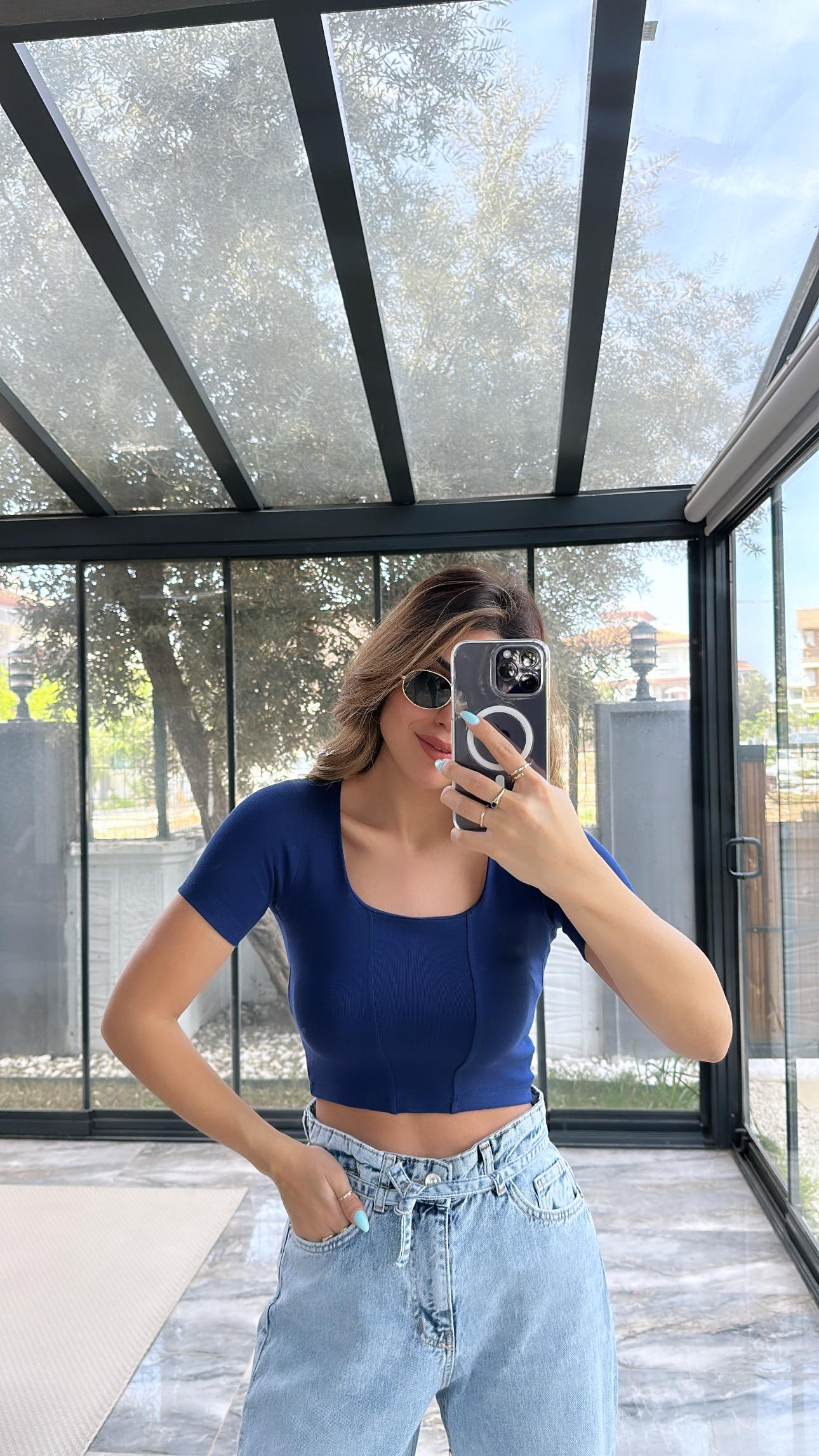 Lacivert Basic Dikişli Crop