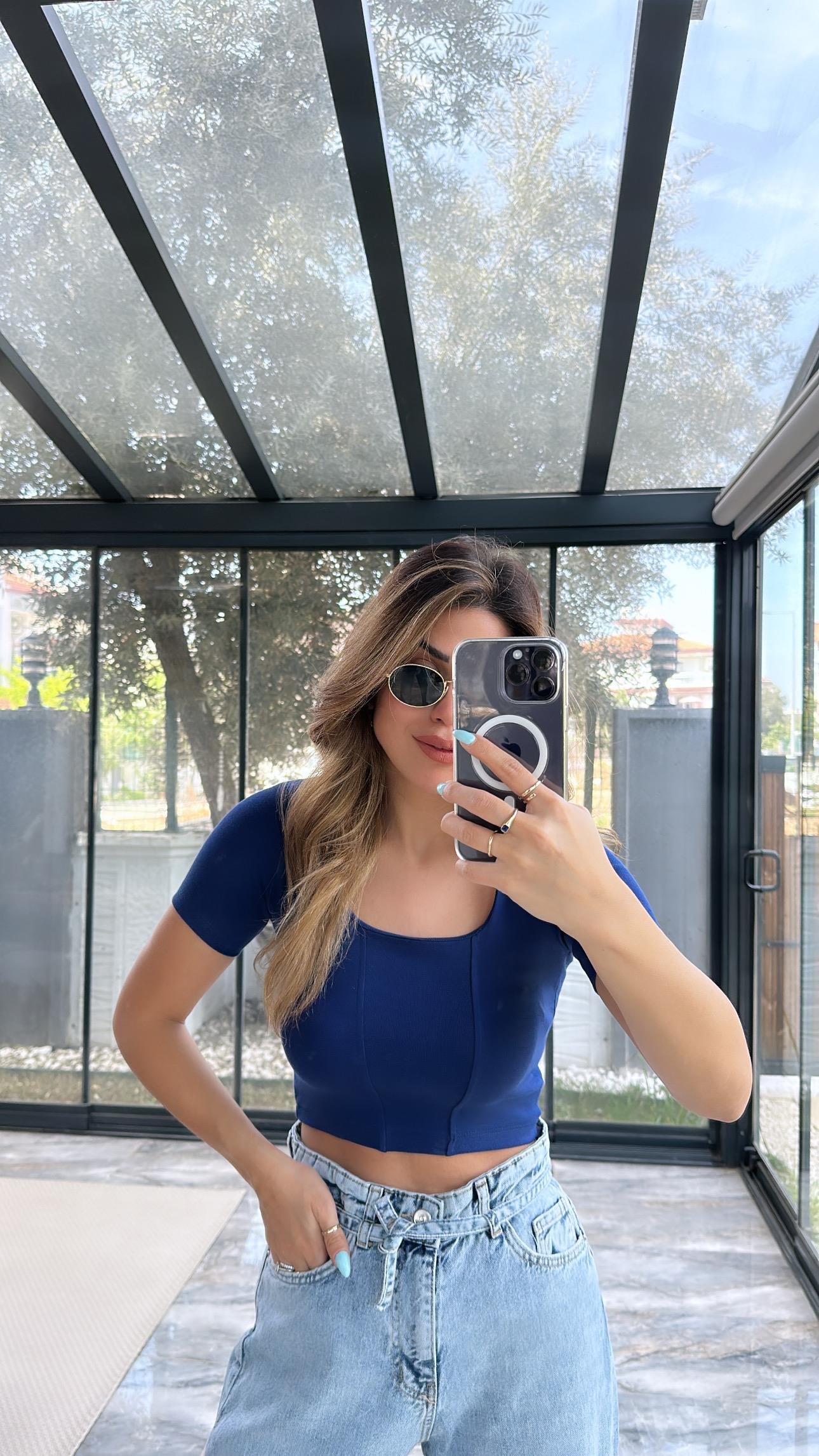 Lacivert Basic Dikişli Crop