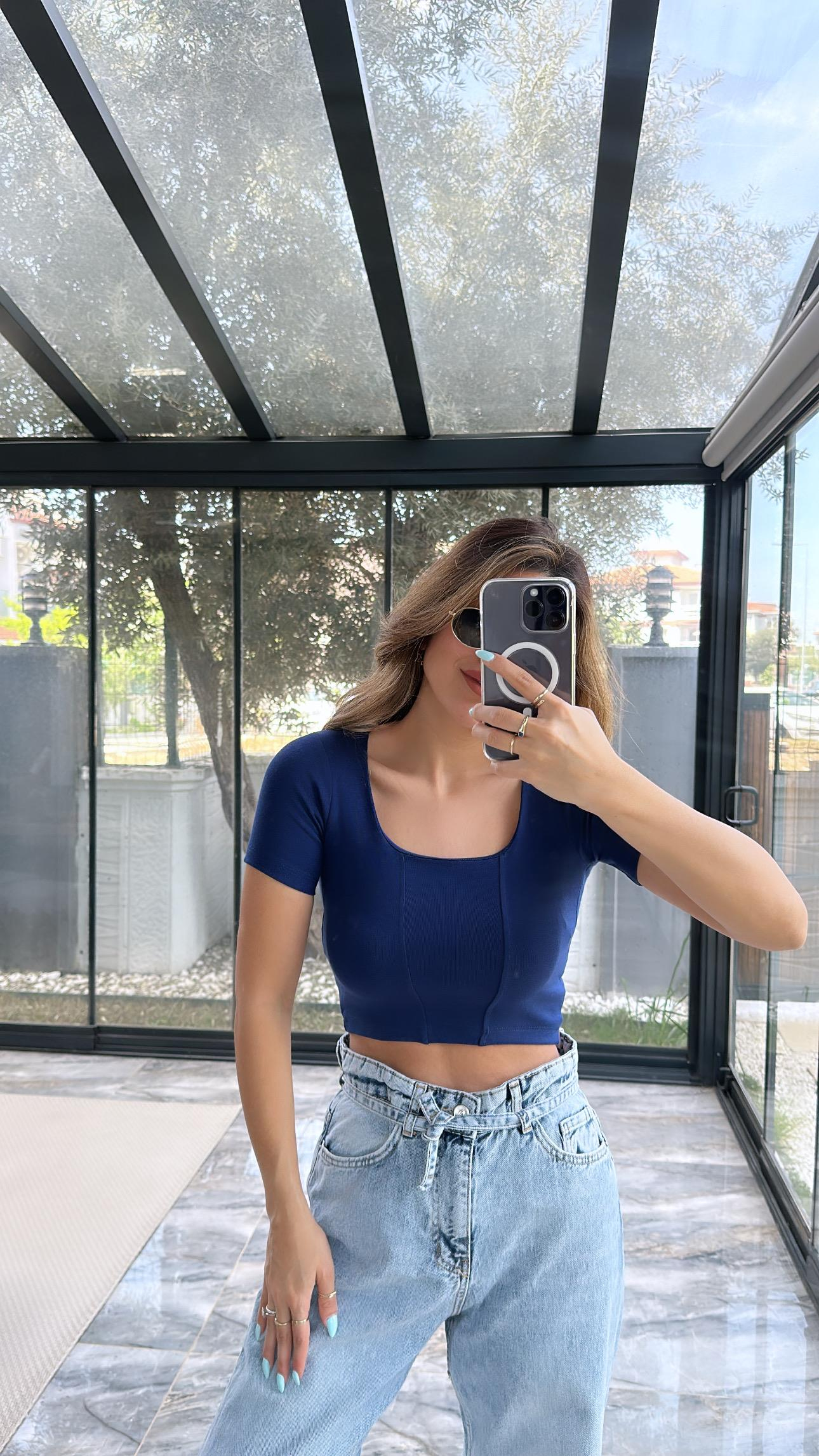 Lacivert Basic Dikişli Crop