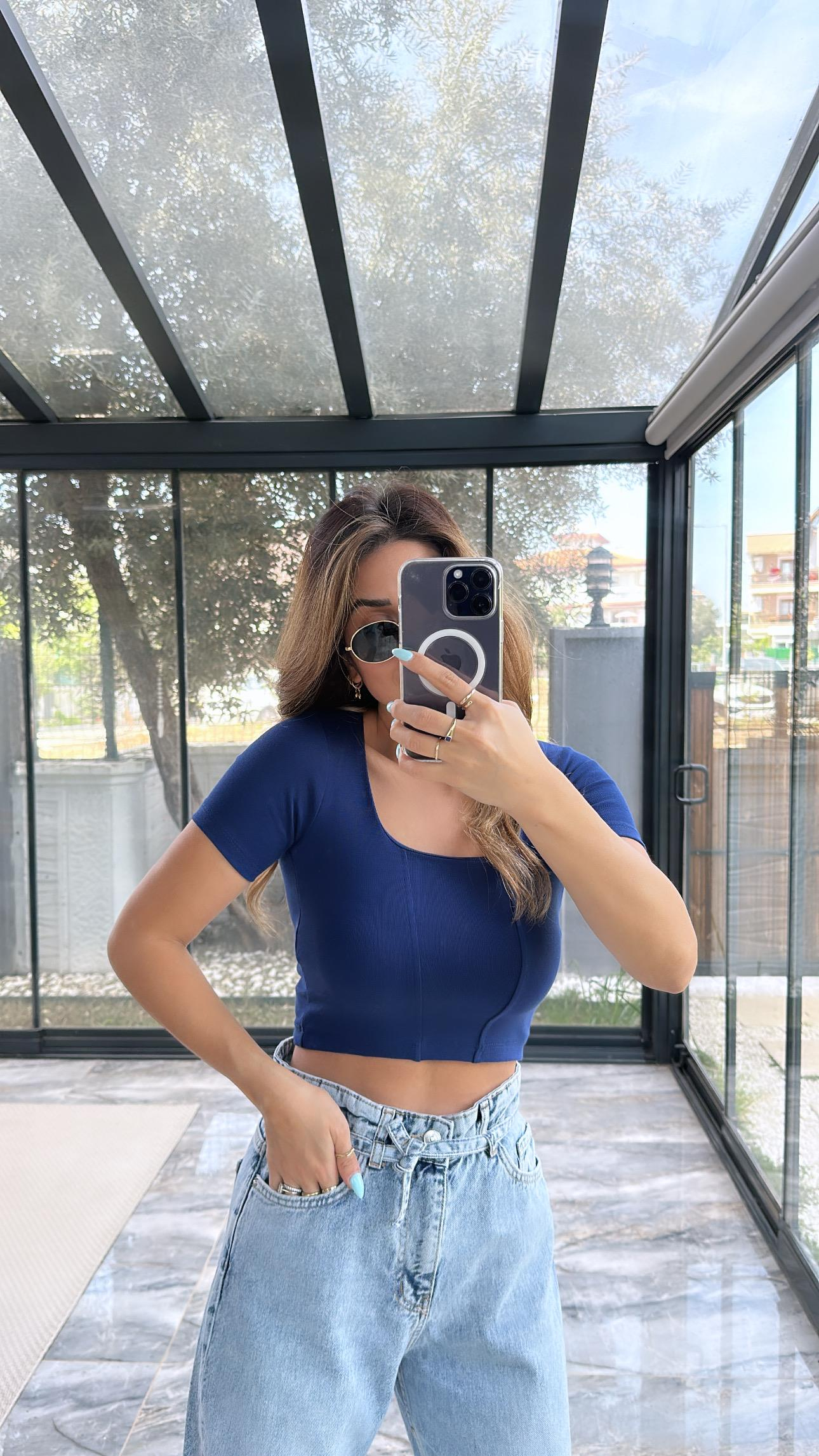 Lacivert Basic Dikişli Crop