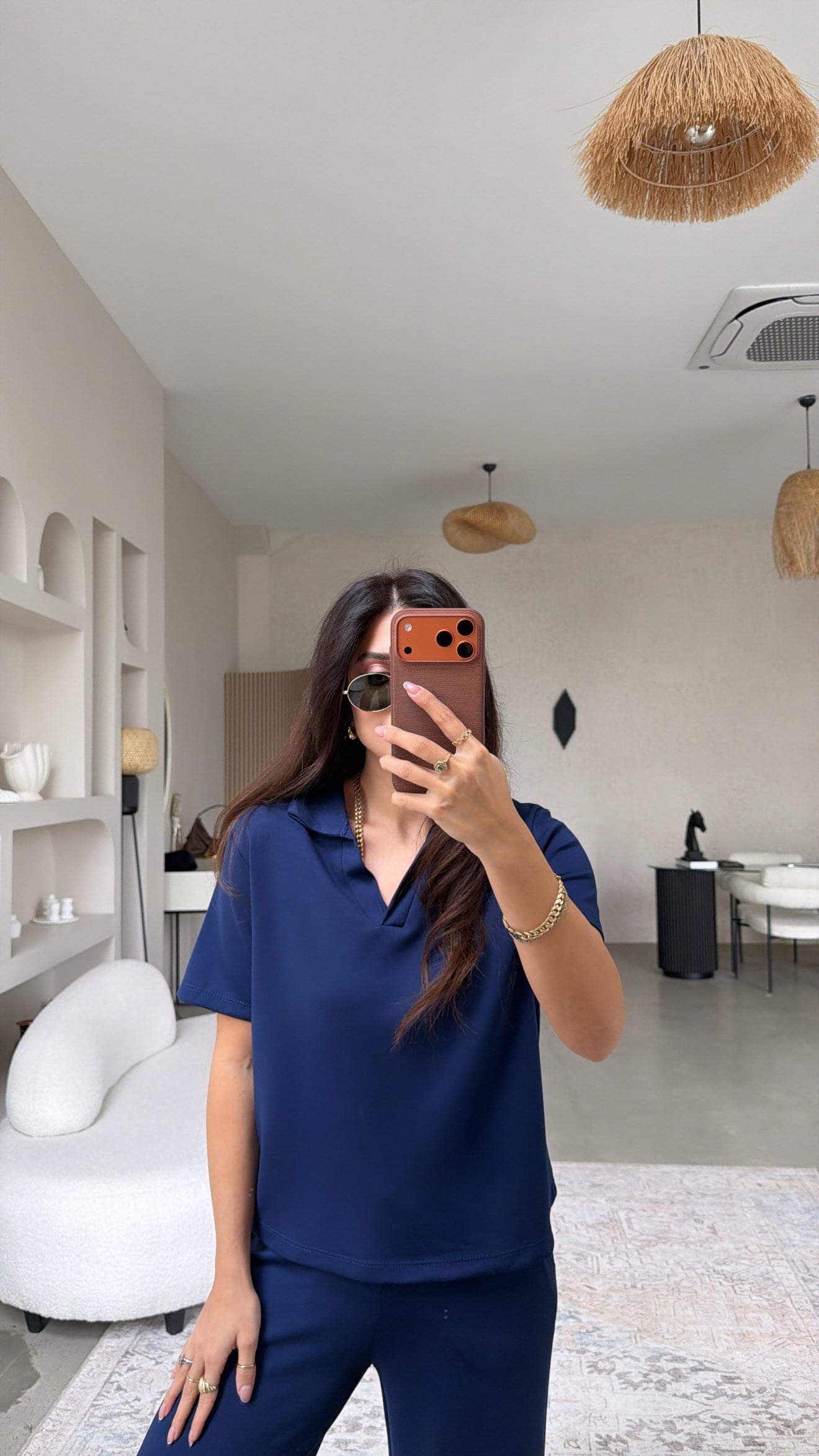 Lacivert Basic Modal Kumaş Yakalı Bol Paça Takım