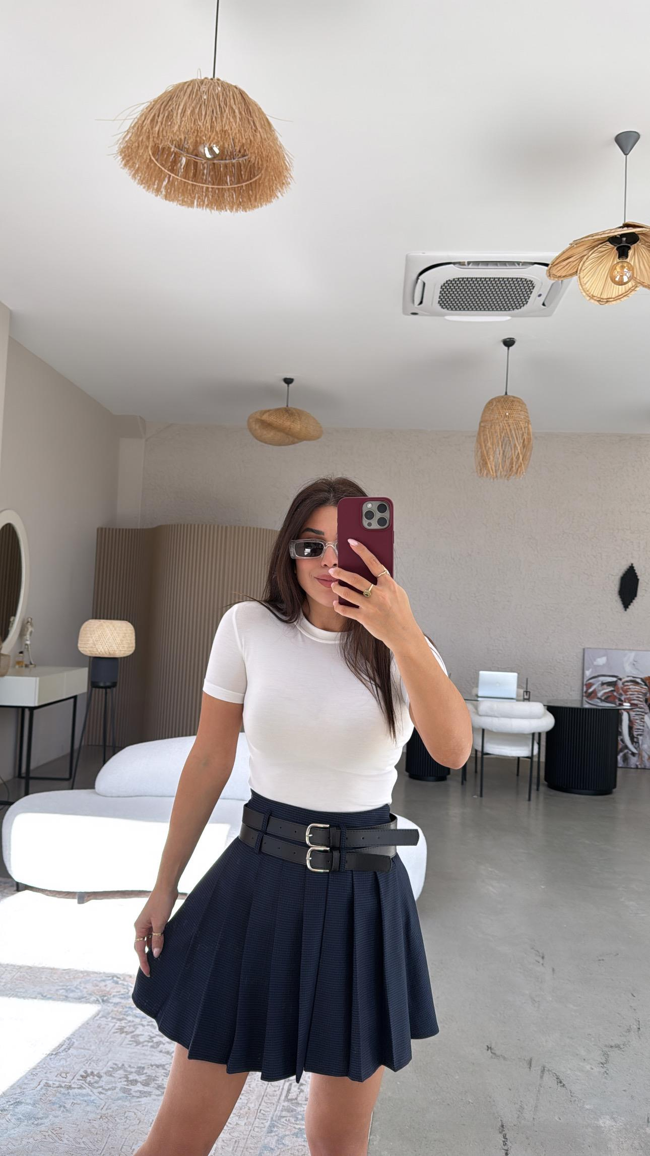 Lacivert Çift Kemerli Piliseli Mini Etek