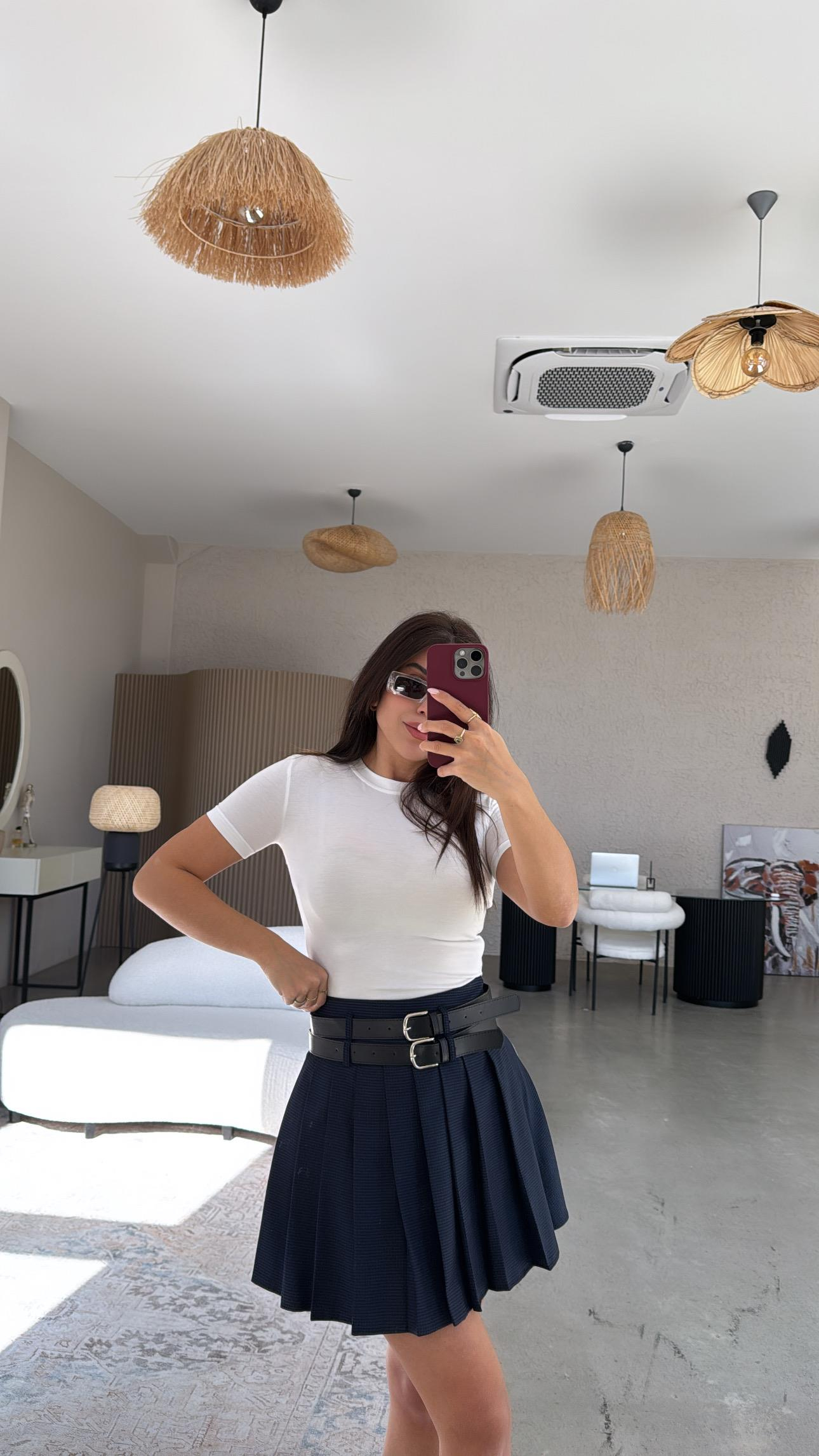 Lacivert Çift Kemerli Piliseli Mini Etek