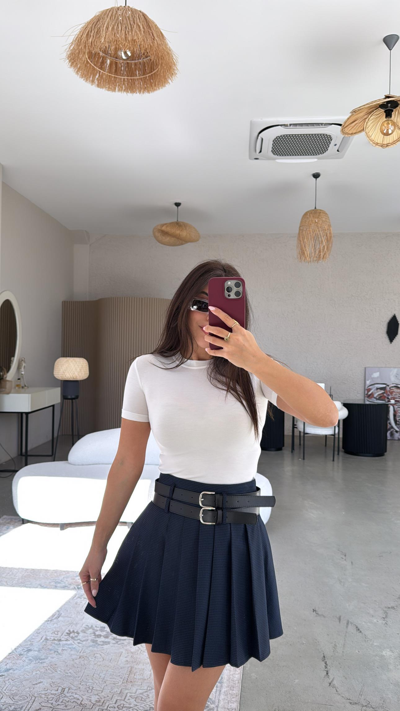 Lacivert Çift Kemerli Piliseli Mini Etek