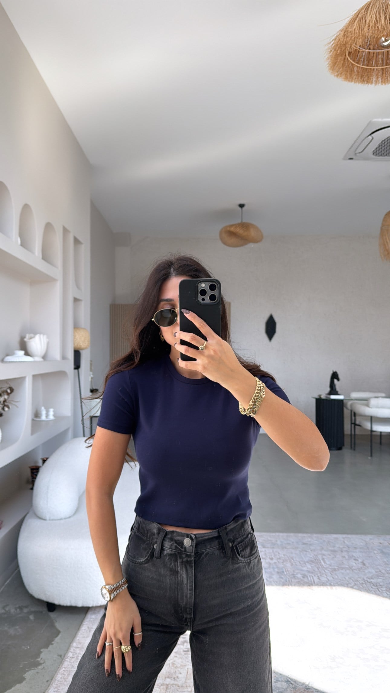 Lacivert Crop Pamuk Basic Kısa Kol Tshirt