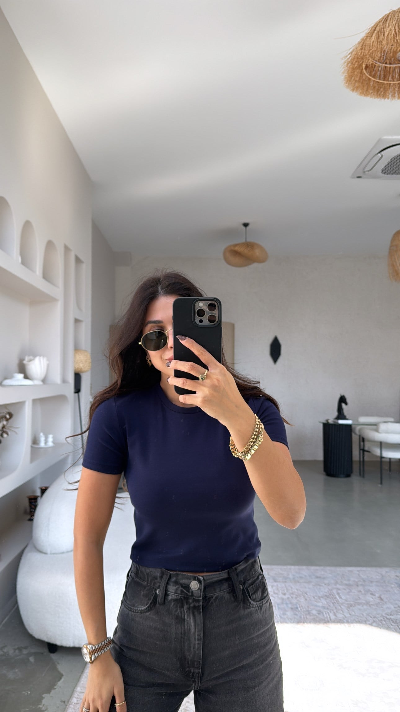 Lacivert Crop Pamuk Basic Kısa Kol Tshirt