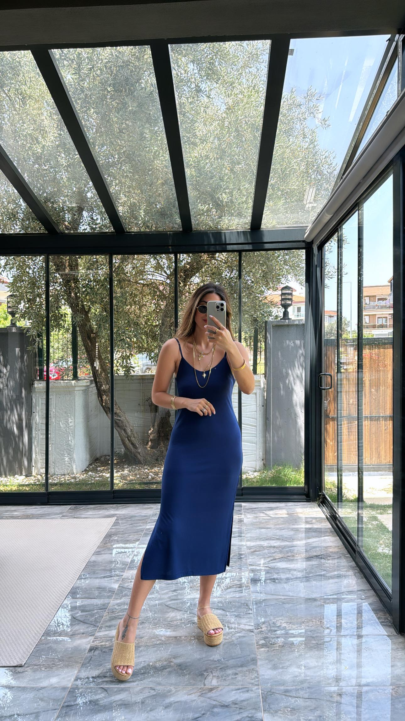 Lacivert İp Askılı Pike Modal Yırtmaçlı Elbise