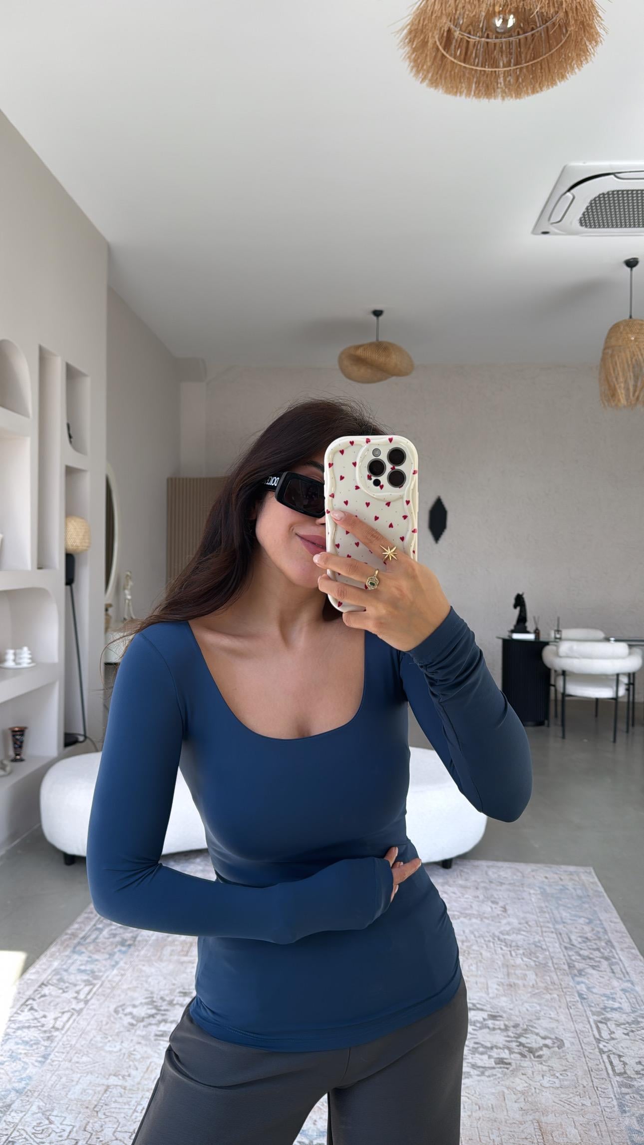 Lacivert Kare Yaka Scuba Basic Bluz