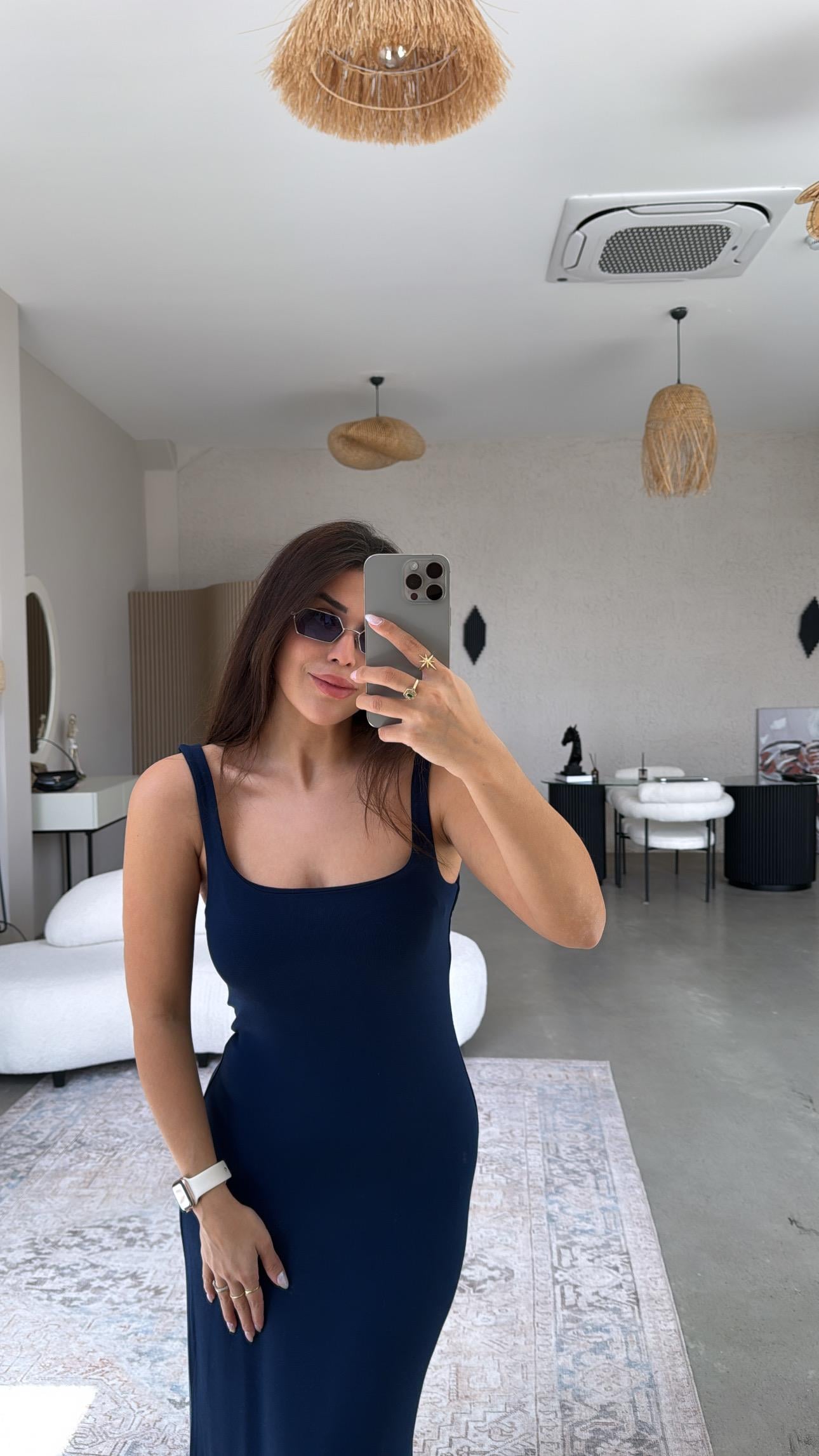 Lacivert Modal Kare Yaka Kalın Askı Basic Elbise
