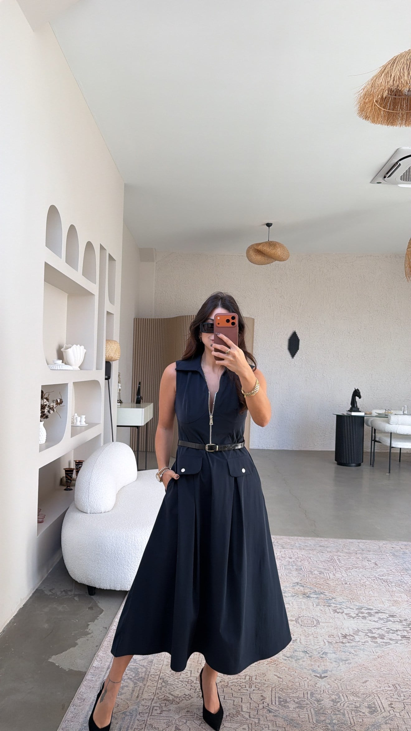 Lacivert Ntw Model Paraşüt Kumaş Kemerli Premium Elbise