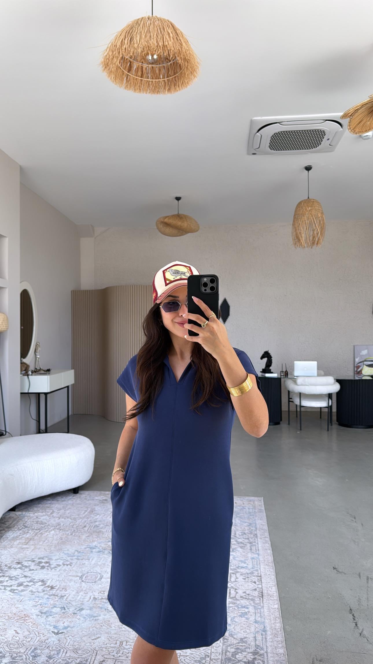 Lacivert Polo Yaka Çımalı Elbise