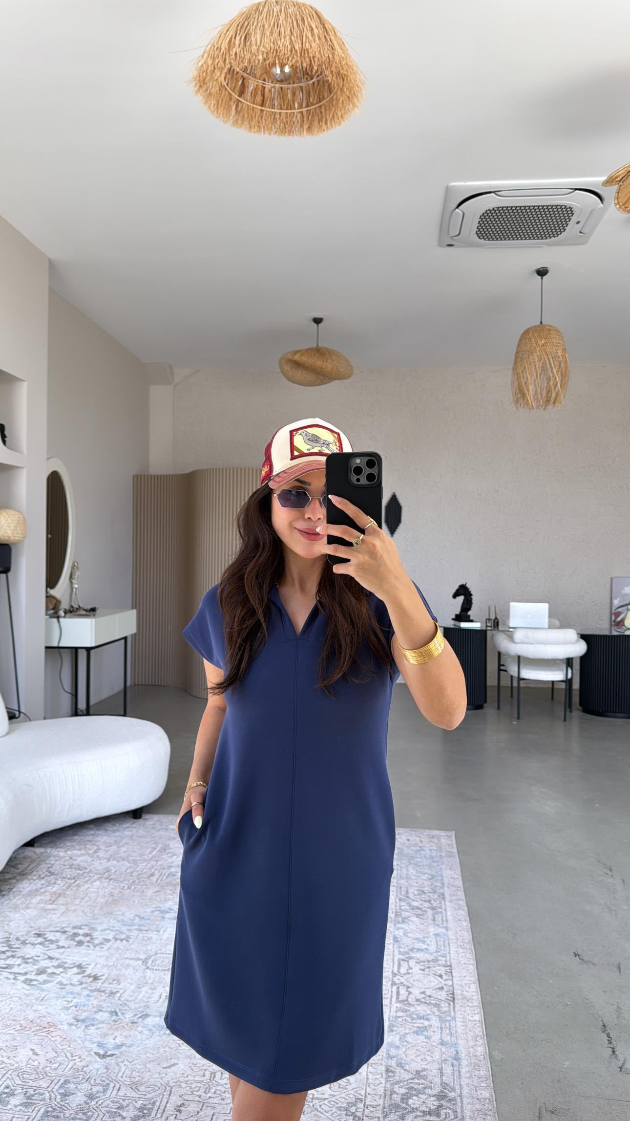 Lacivert Polo Yaka Çımalı Elbise