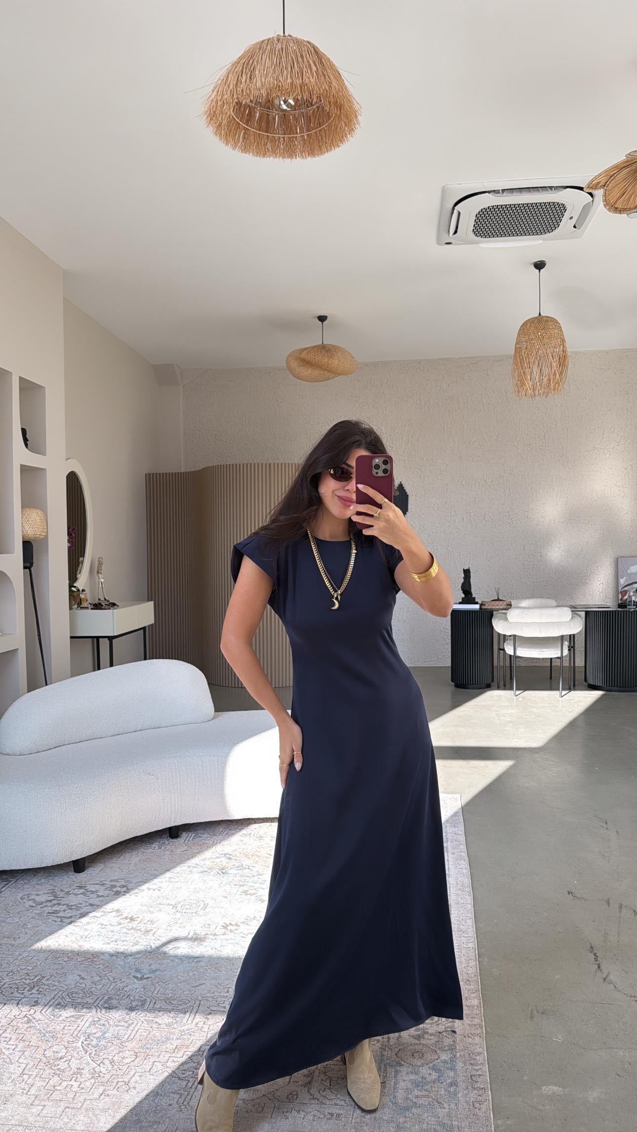 Lacivert Saten Maxi Elbise