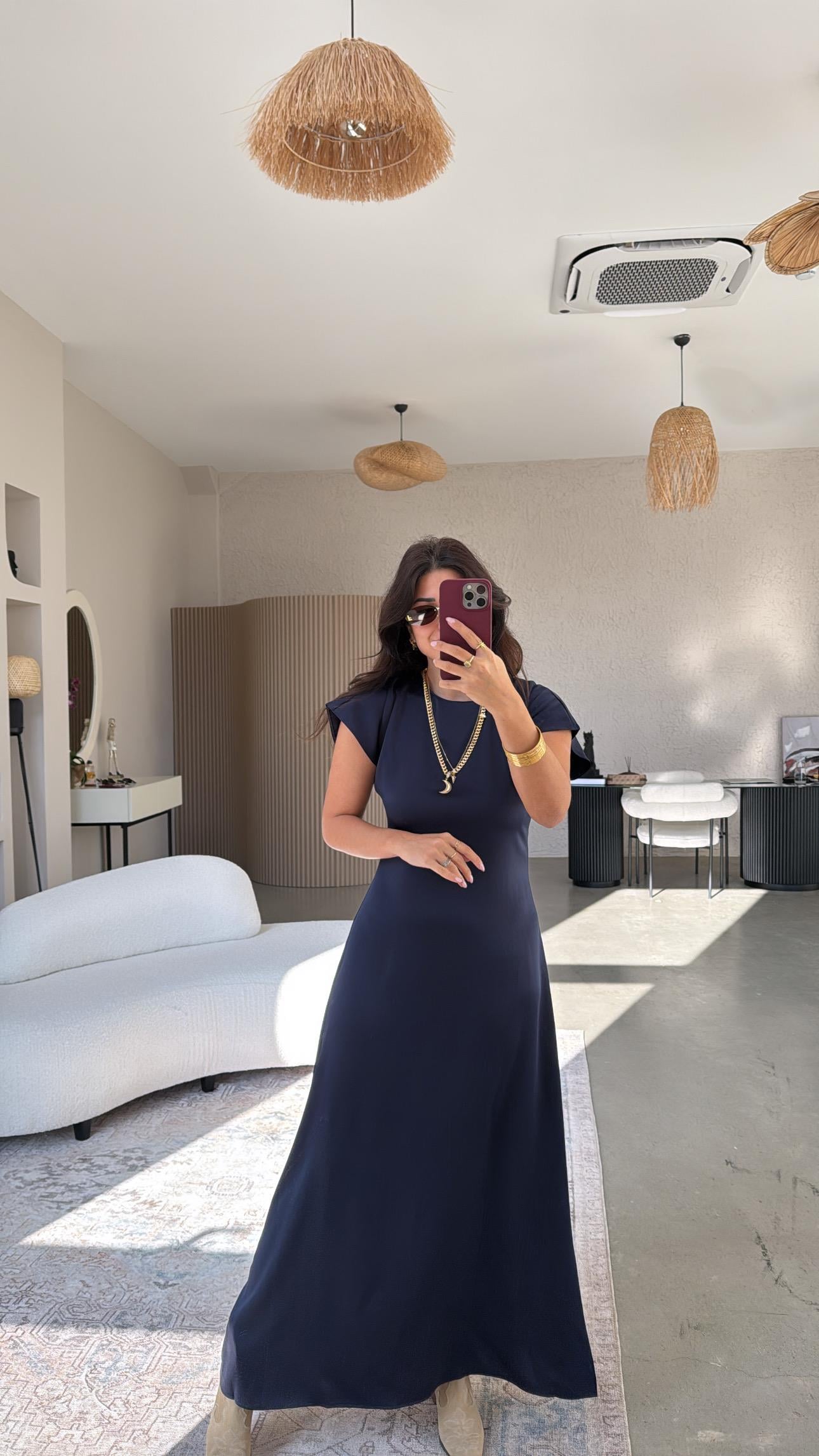 Lacivert Saten Maxi Elbise