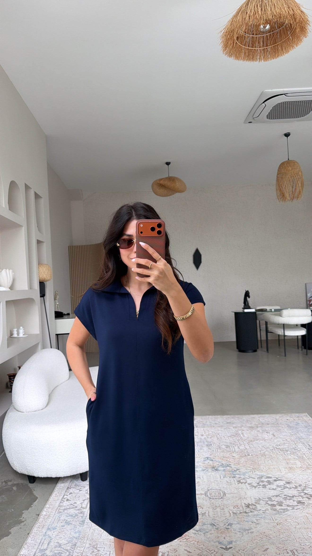 Lacivert Yakalı Önü Çımalı Cepli Basic Elbise