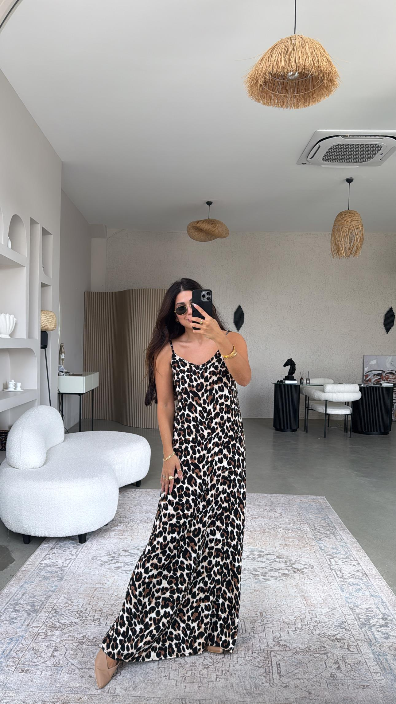 Leopar Askılı Viskon Elbise