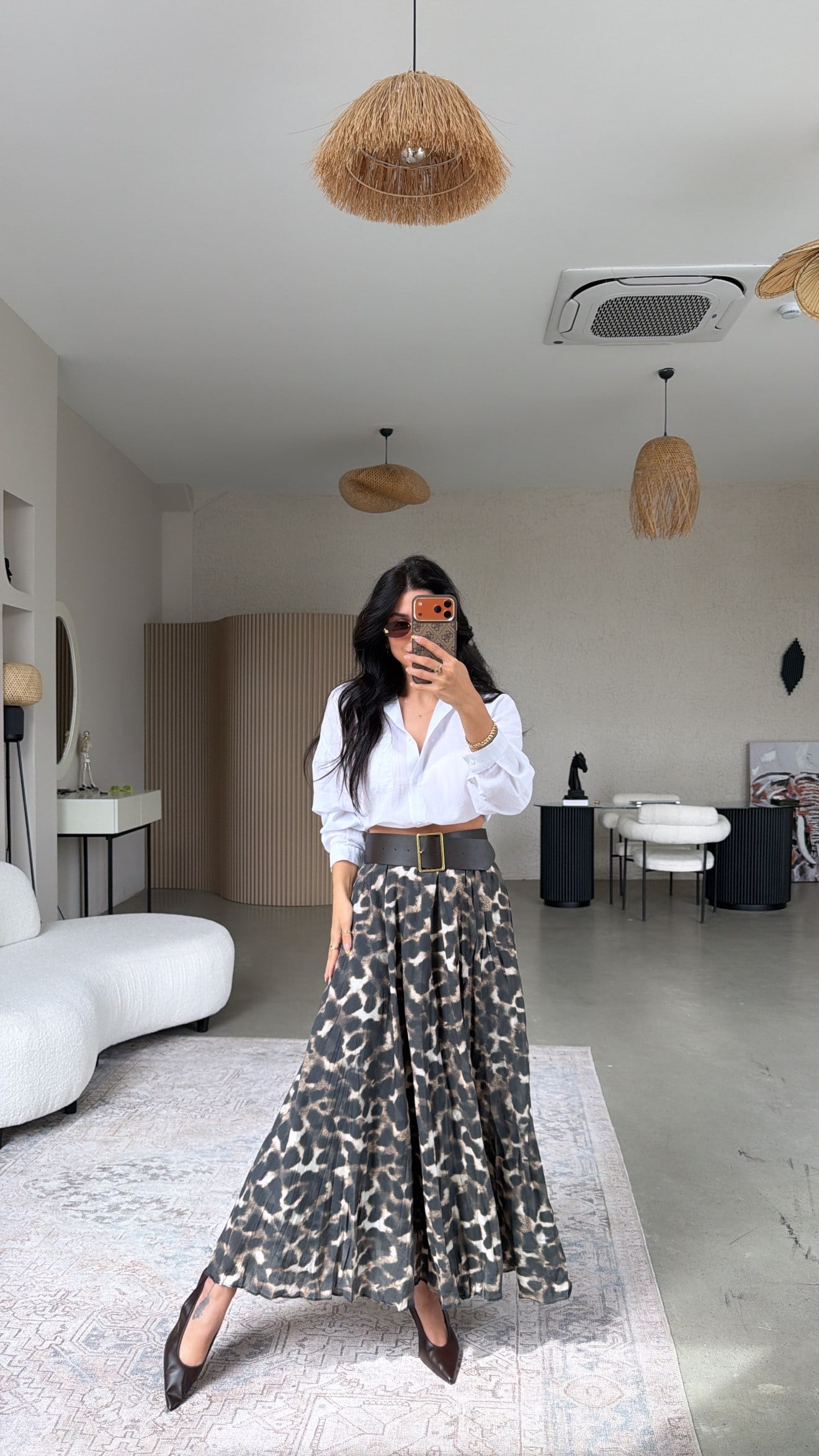 Leopar Astarlı Kemerli Maxi Etek