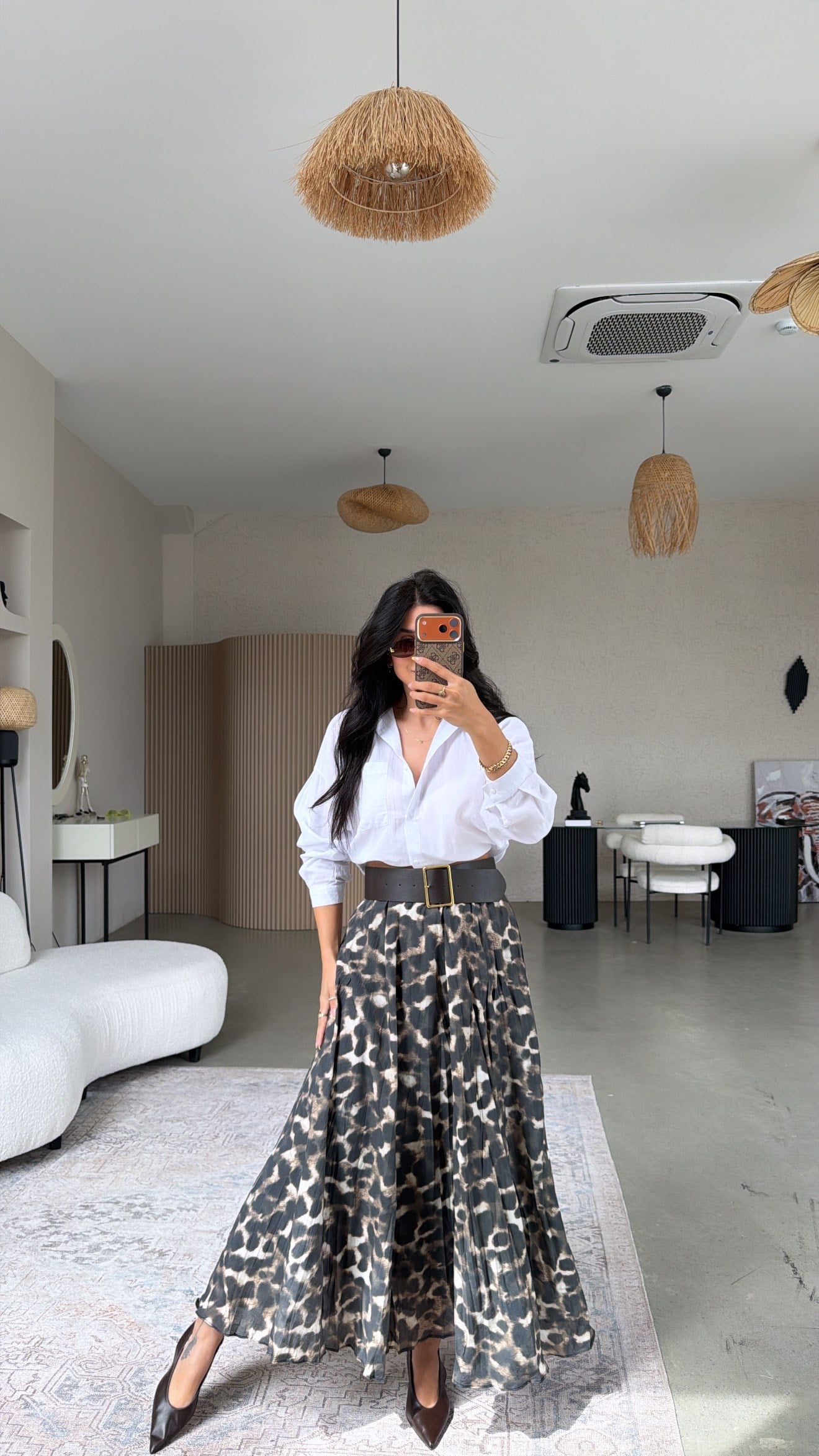 Leopar Astarlı Kemerli Maxi Etek