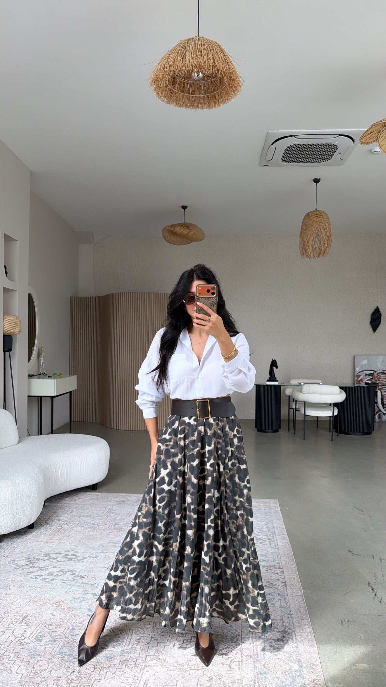 Leopar Astarlı Kemerli Maxi Etek