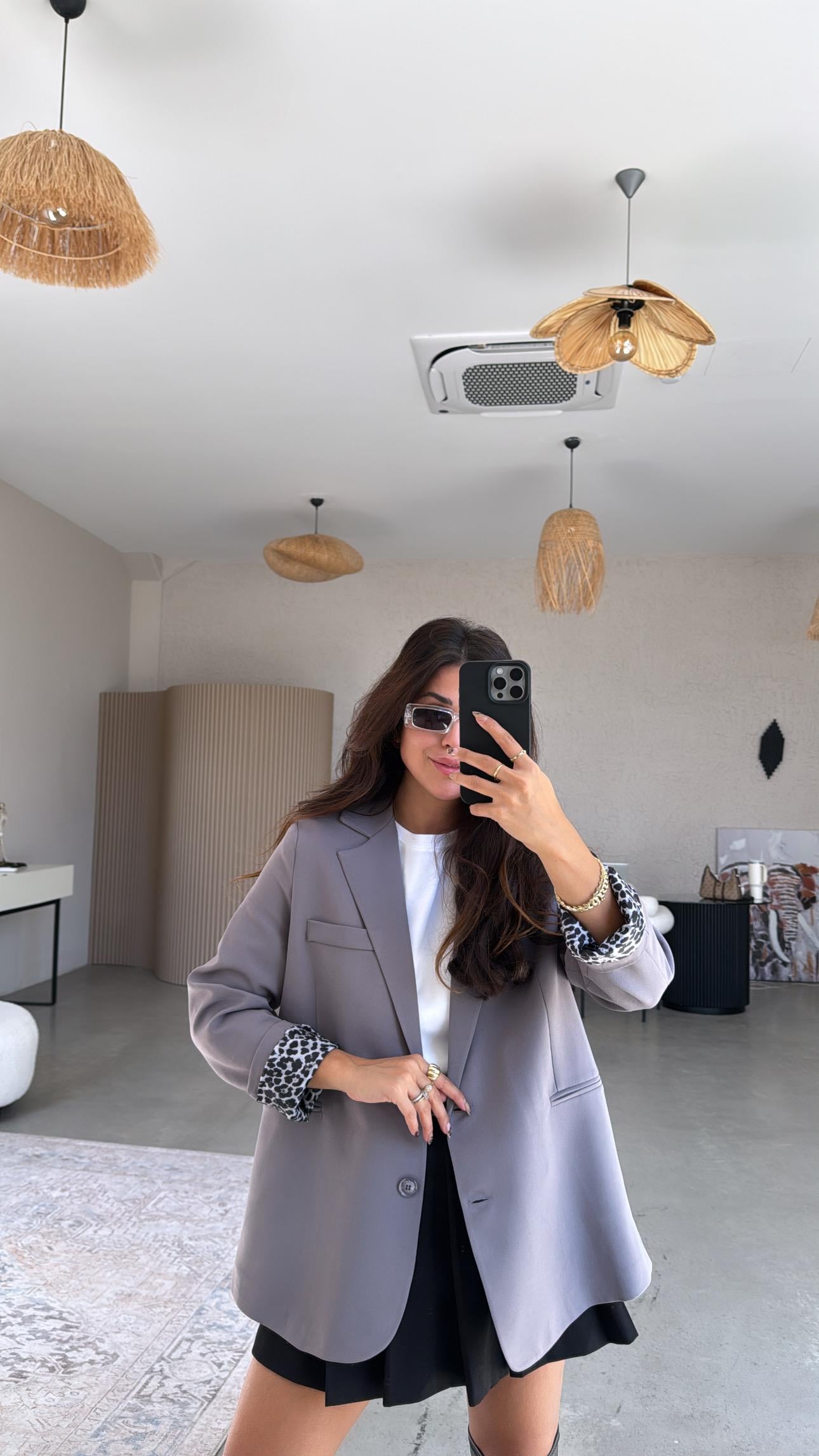 Leopar Astarlı Klasik Gri Ceket