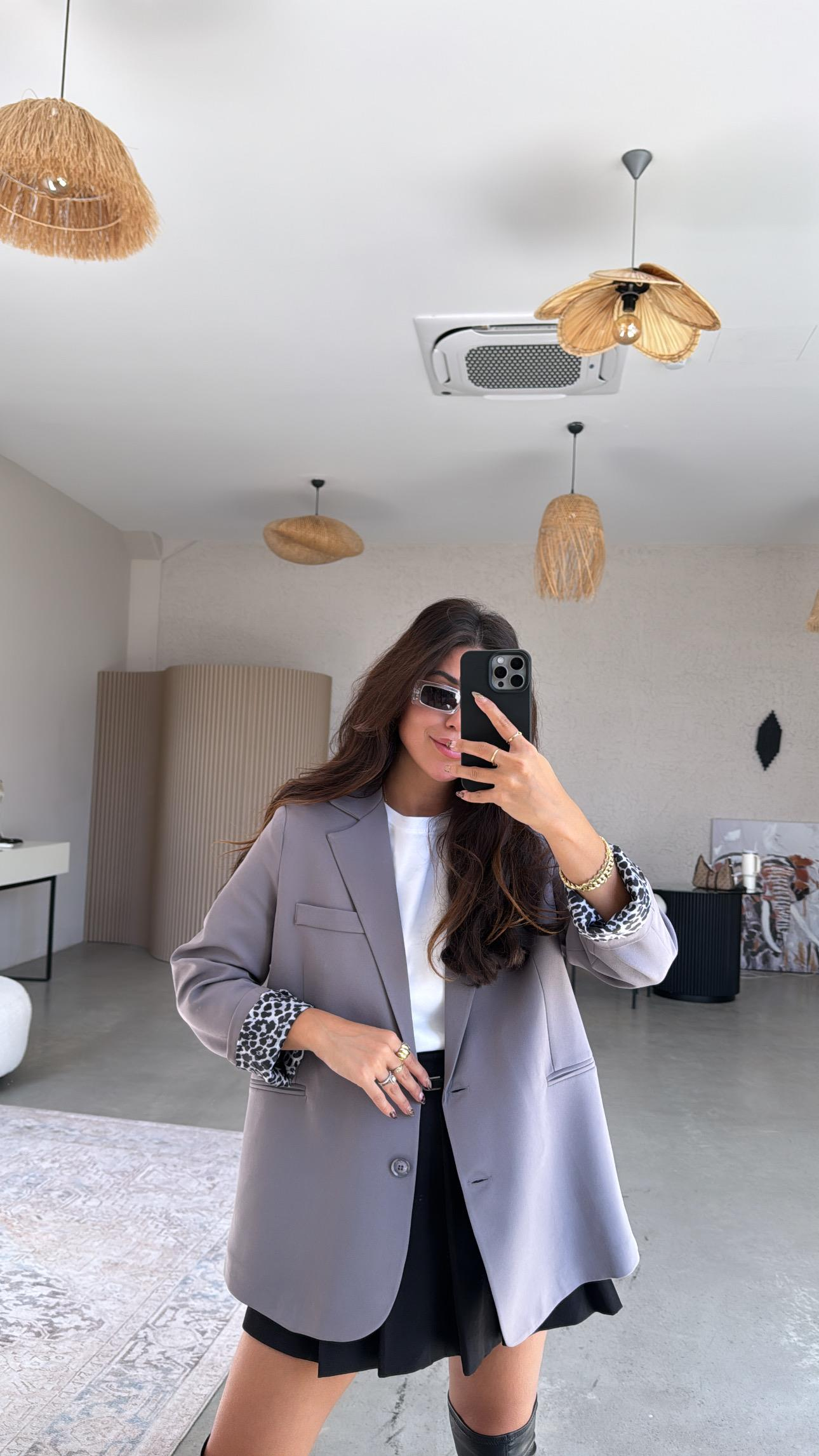 Leopar Astarlı Klasik Gri Ceket
