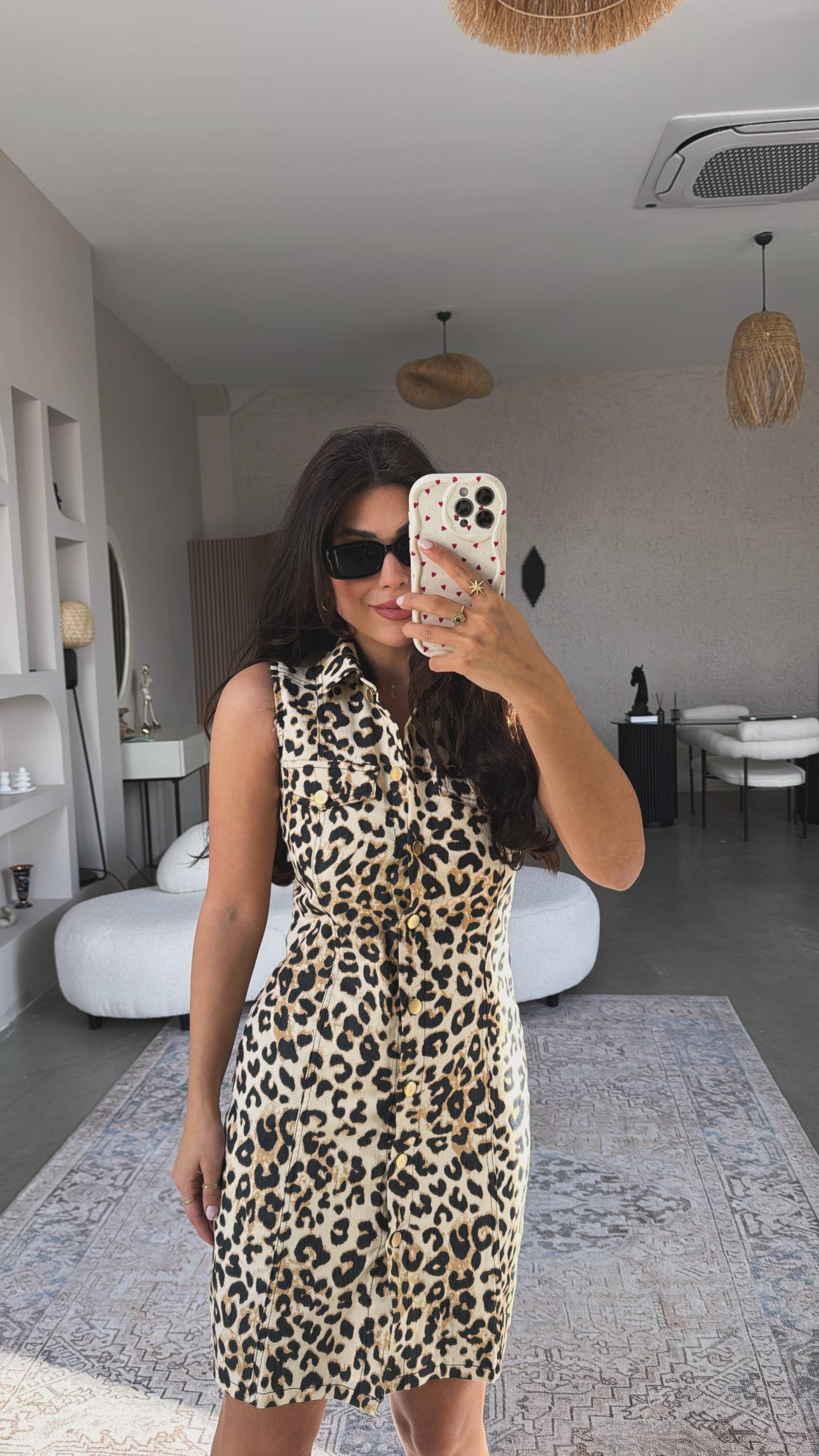 Leopar Denim Yakalı Elbise