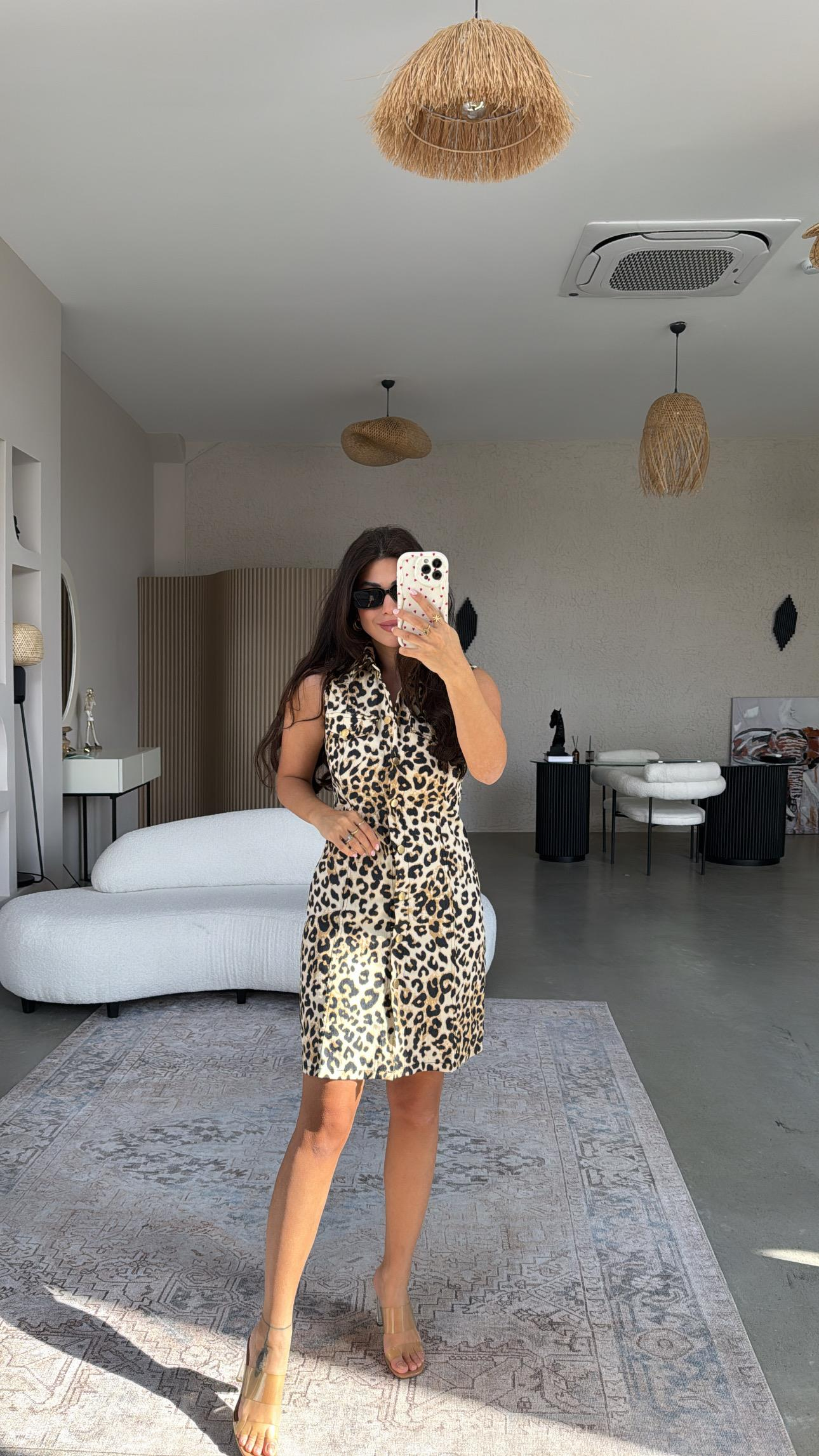 Leopar Denim Yakalı Elbise