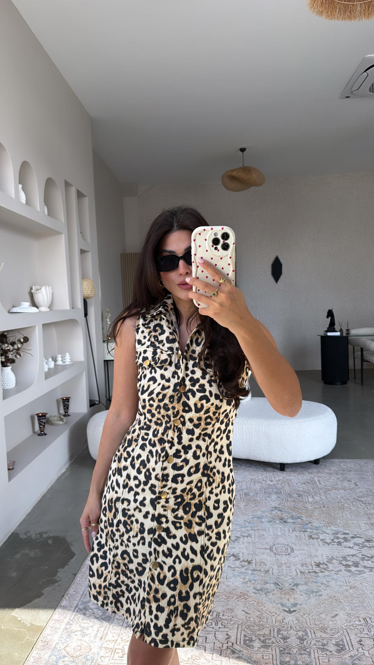 Leopar Denim Yakalı Elbise