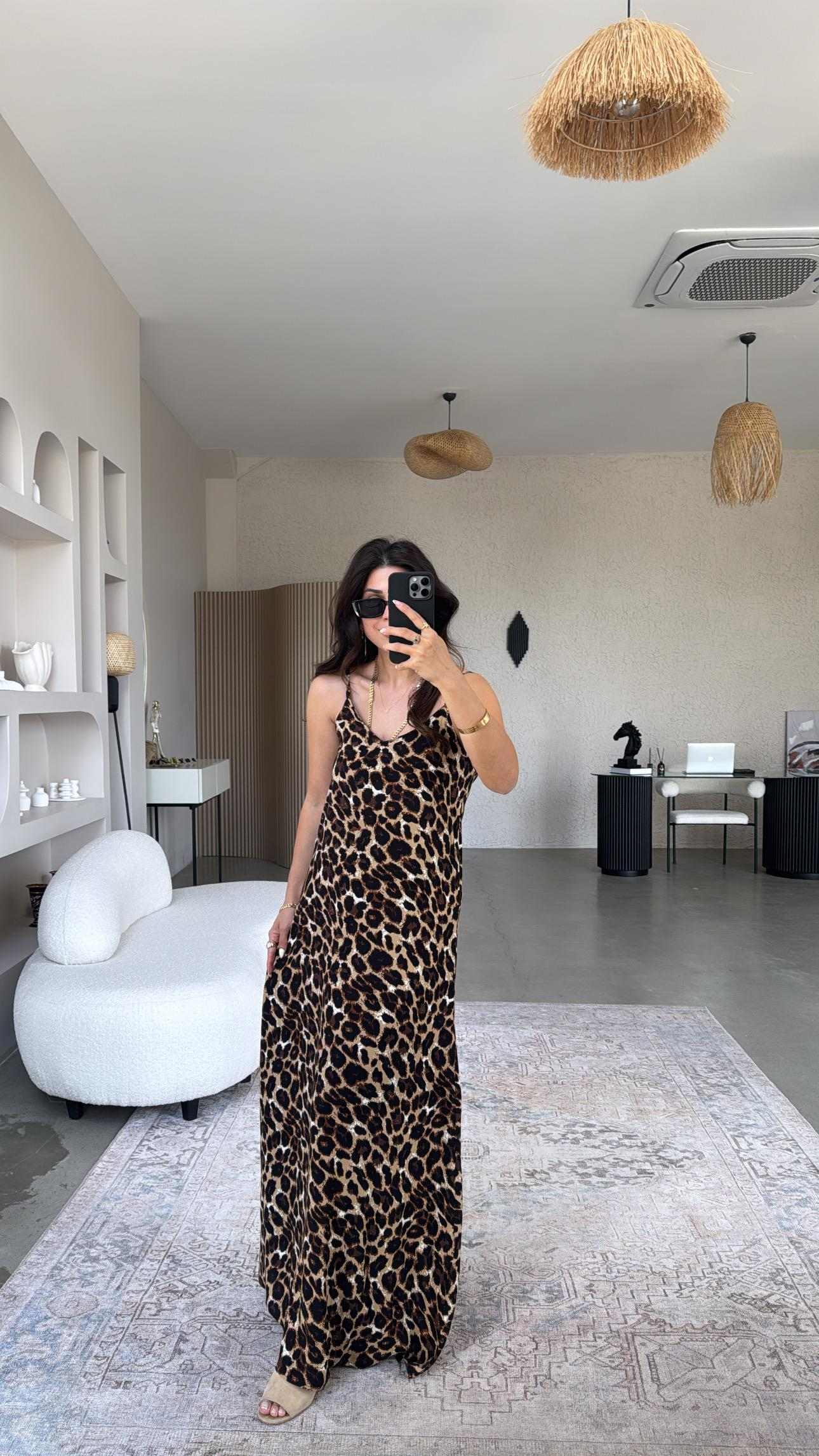 Leopar Desenli Askılı Viskon Elbise