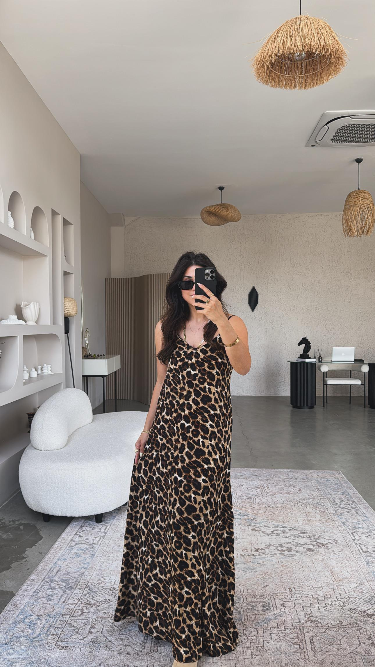 Leopar Desenli Askılı Viskon Elbise