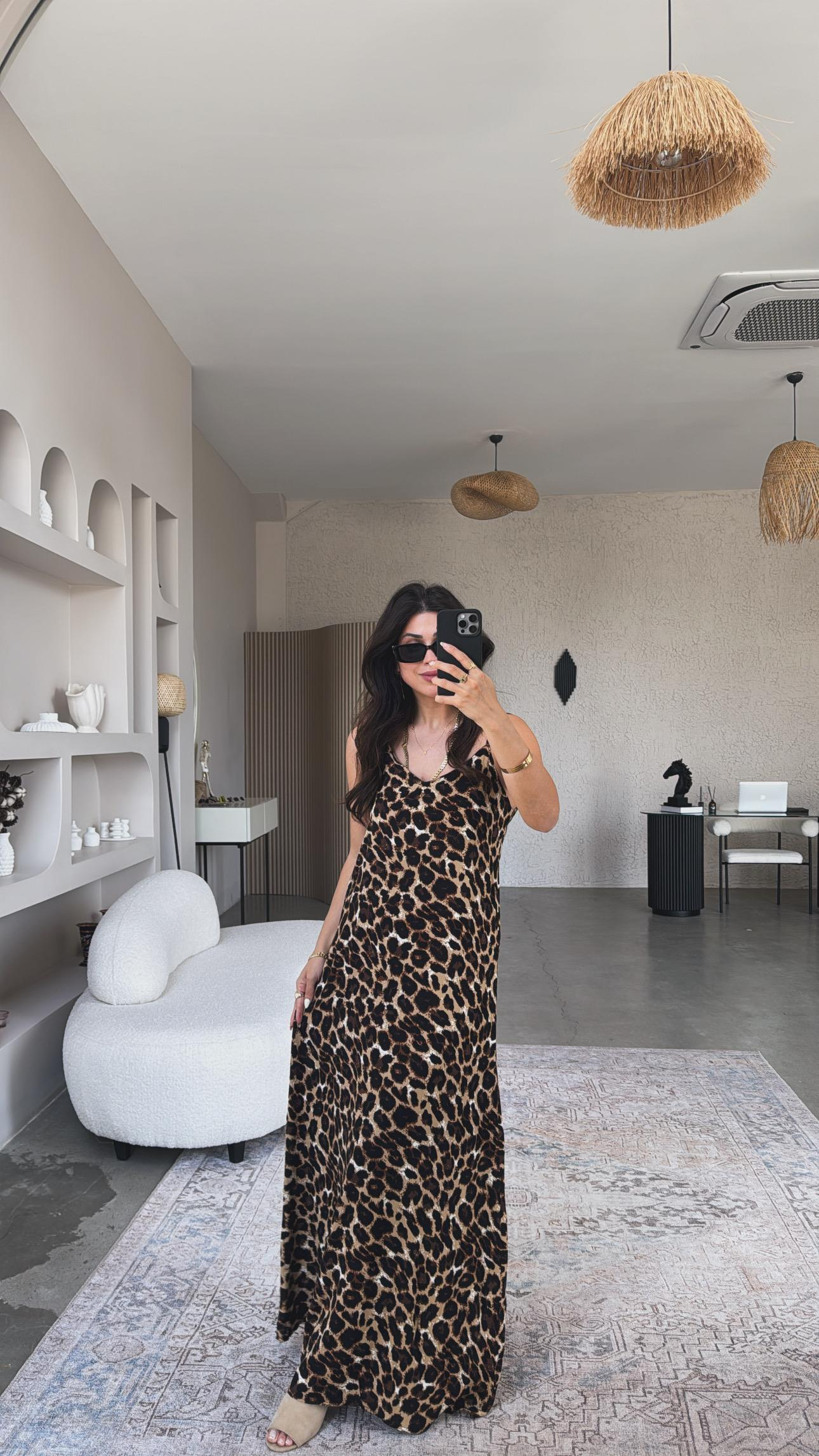 Leopar Desenli Askılı Viskon Elbise
