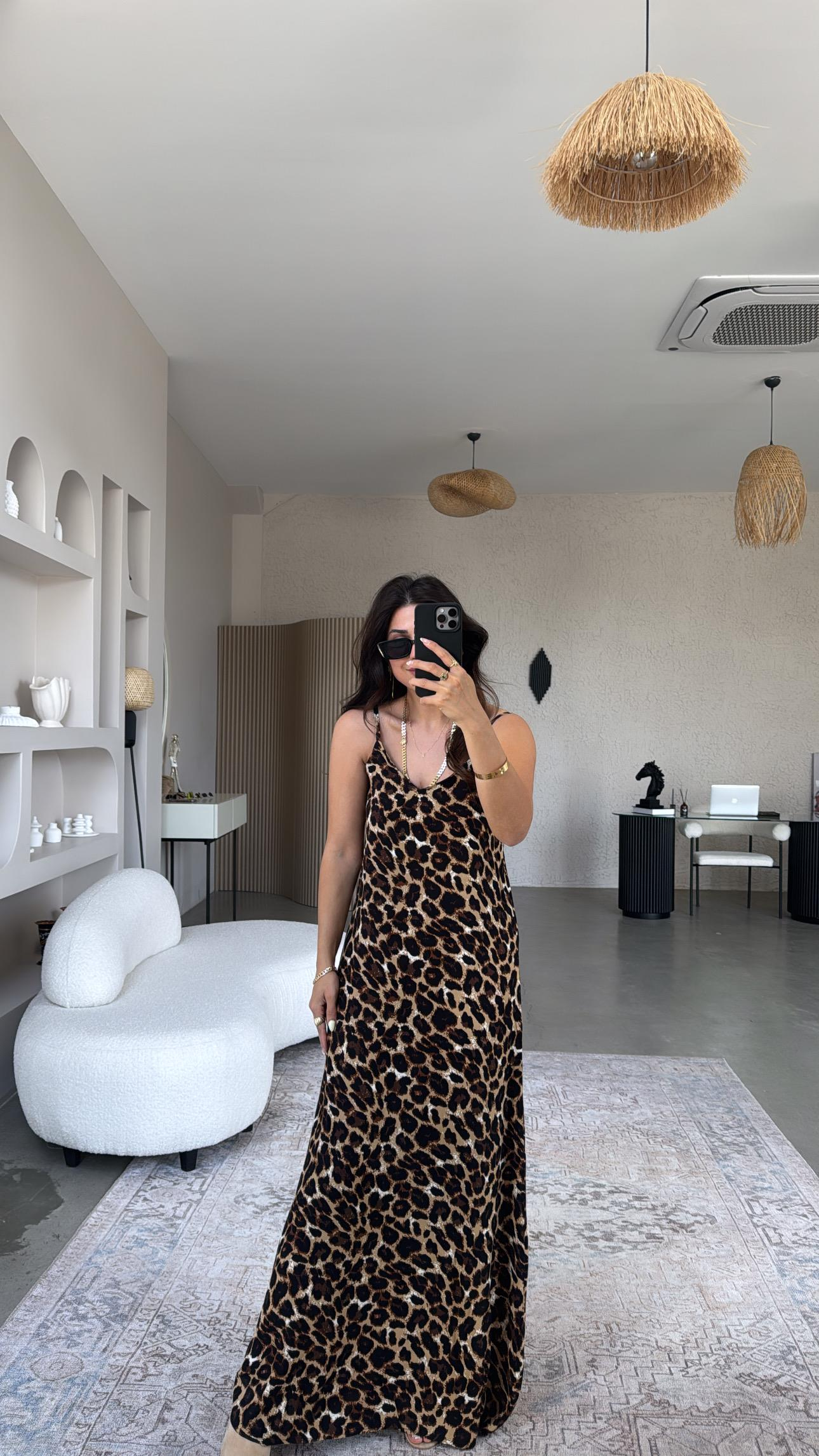 Leopar Desenli Askılı Viskon Elbise