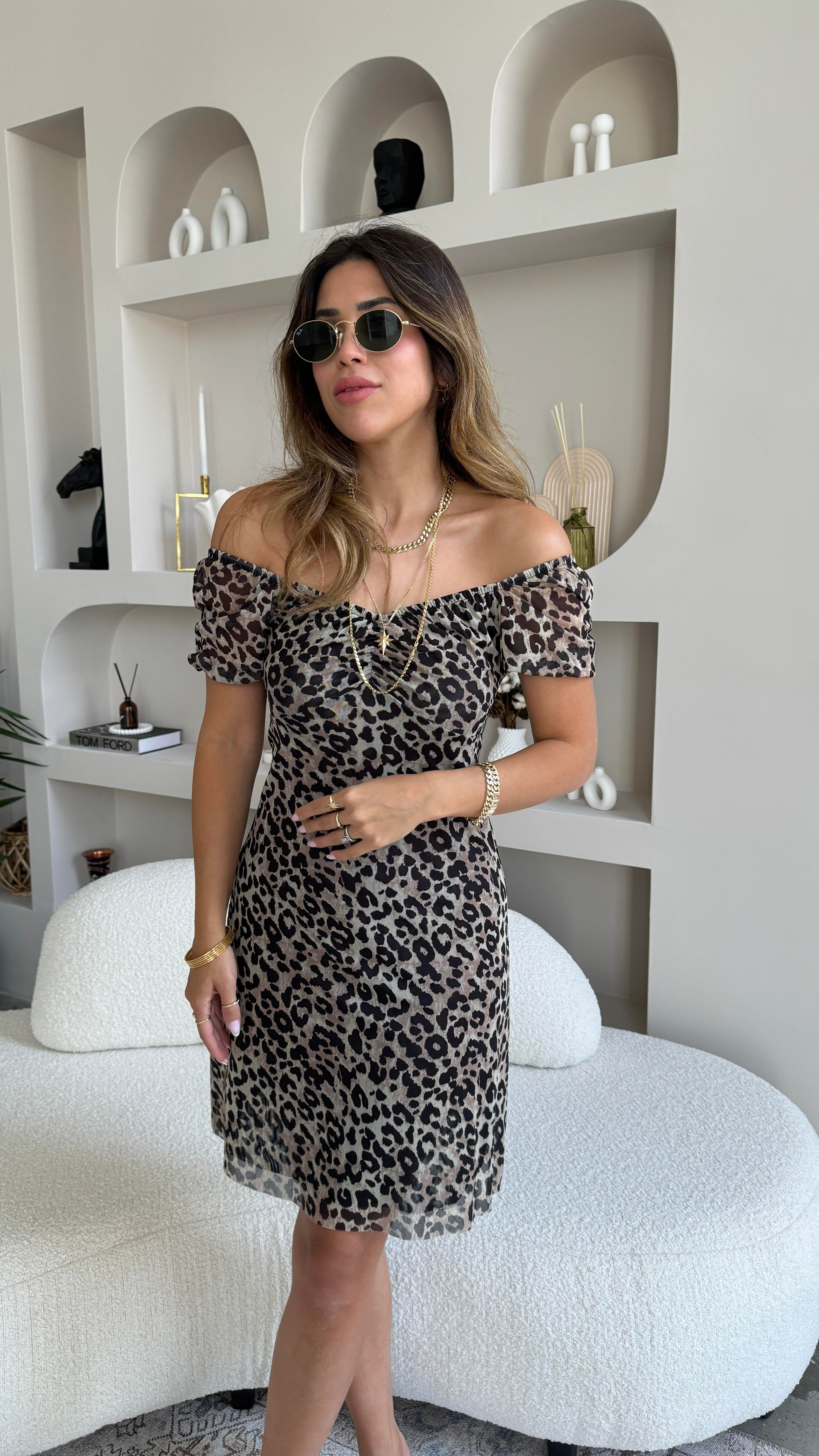 Leopar Likralı Çift Kat Tül Elbise