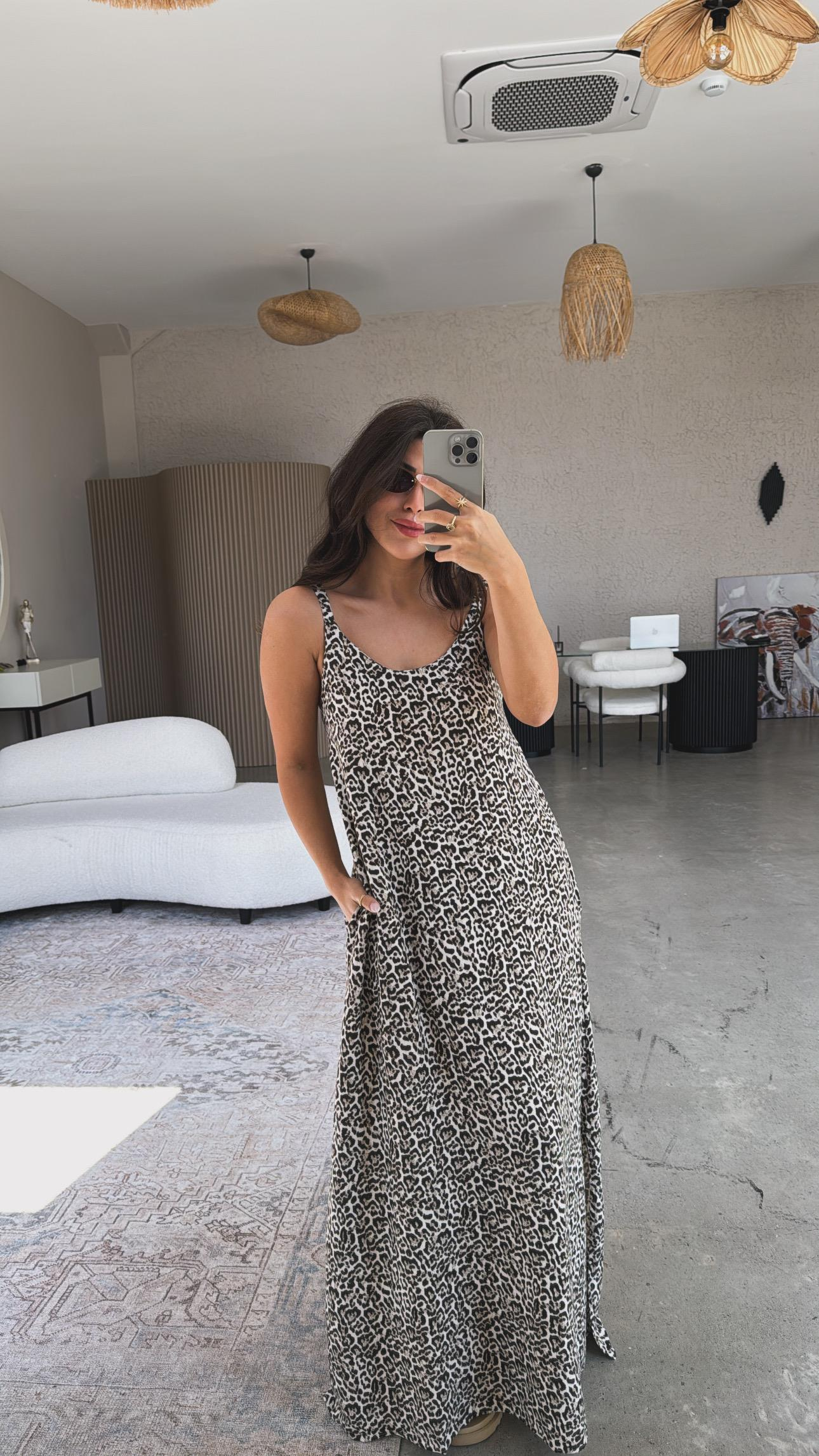 Leopar Yıkamalı Keten Maxi Elbise