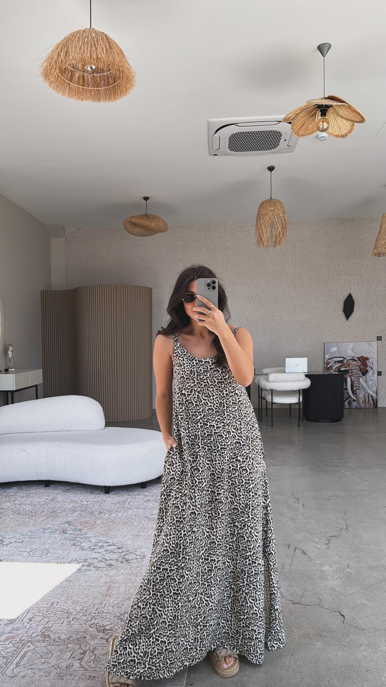 Leopar Yıkamalı Keten Maxi Elbise