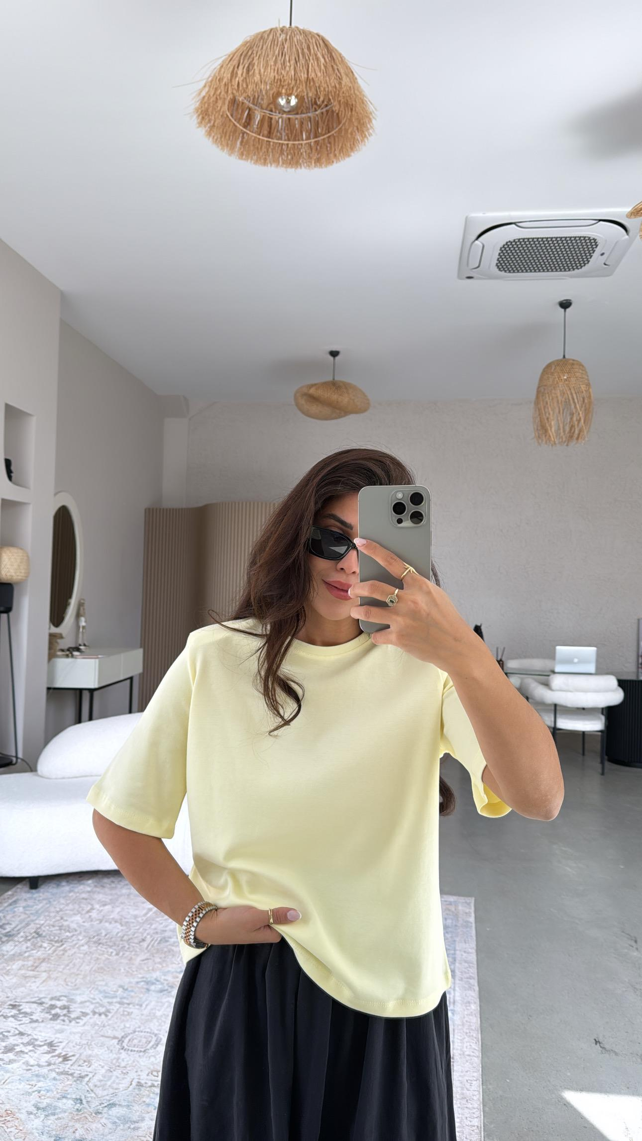 Limon Sarı Vatkalı Pamuk Basic Tshirt