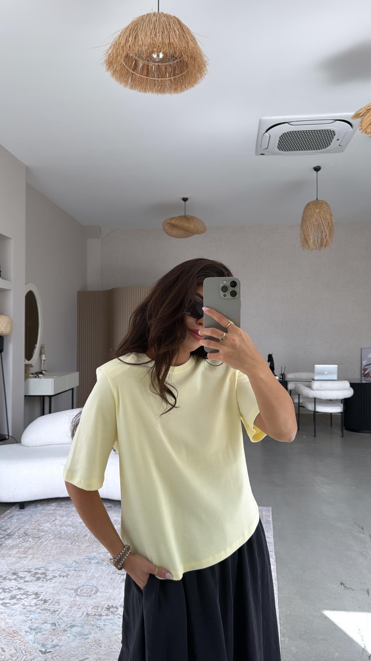 Limon Sarı Vatkalı Pamuk Basic Tshirt