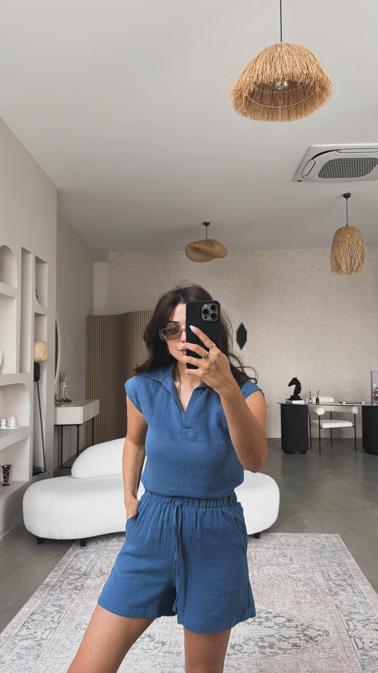 Mavi Müslin Şortlu Takım