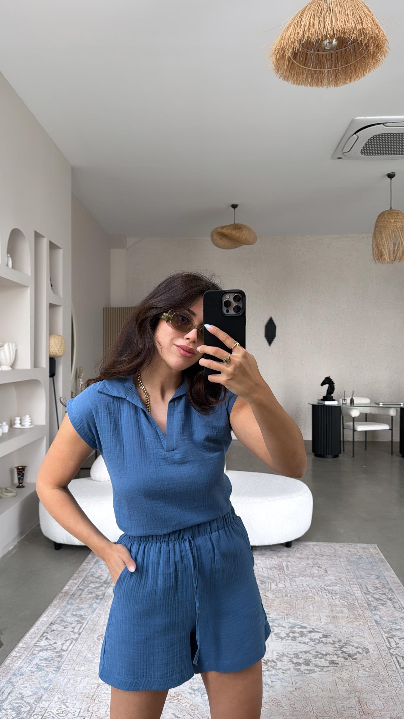 Mavi Müslin Şortlu Takım