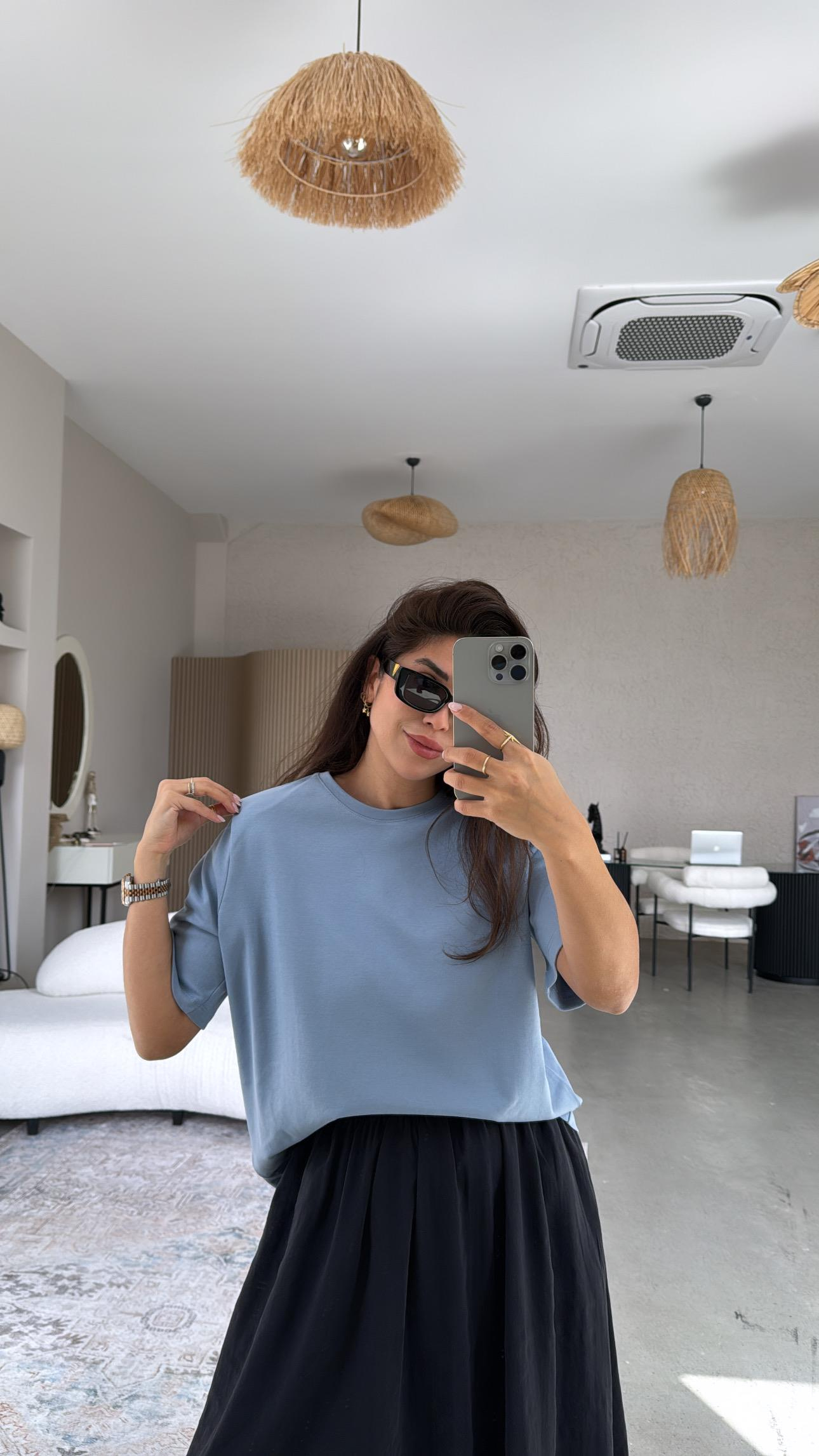 Mavi Vatkalı Pamuk Basic Tshirt