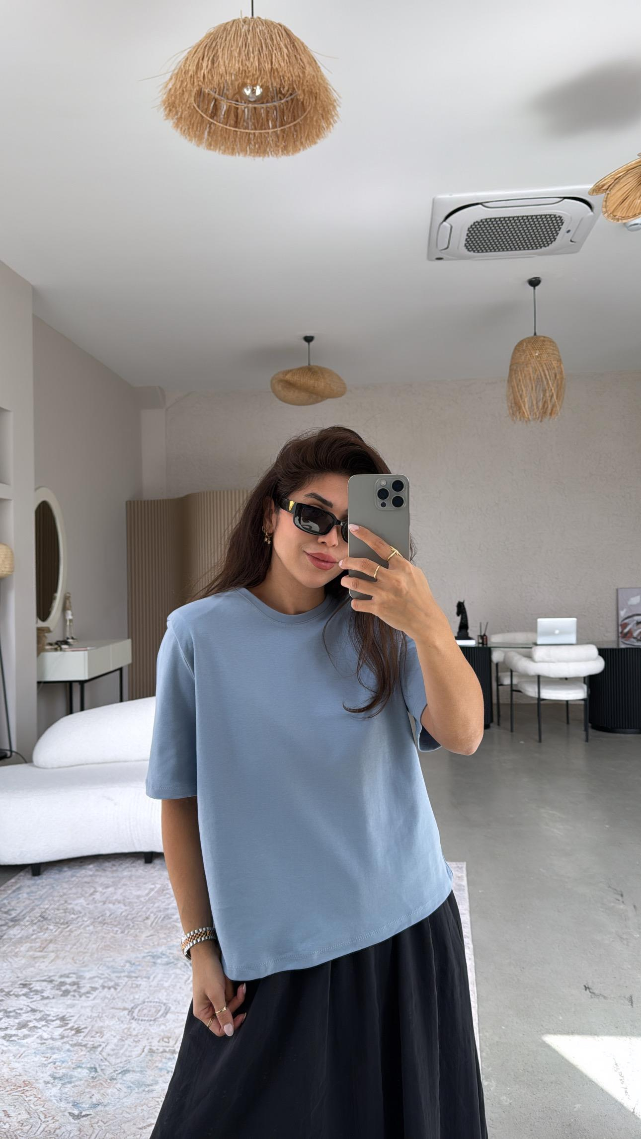 Mavi Vatkalı Pamuk Basic Tshirt