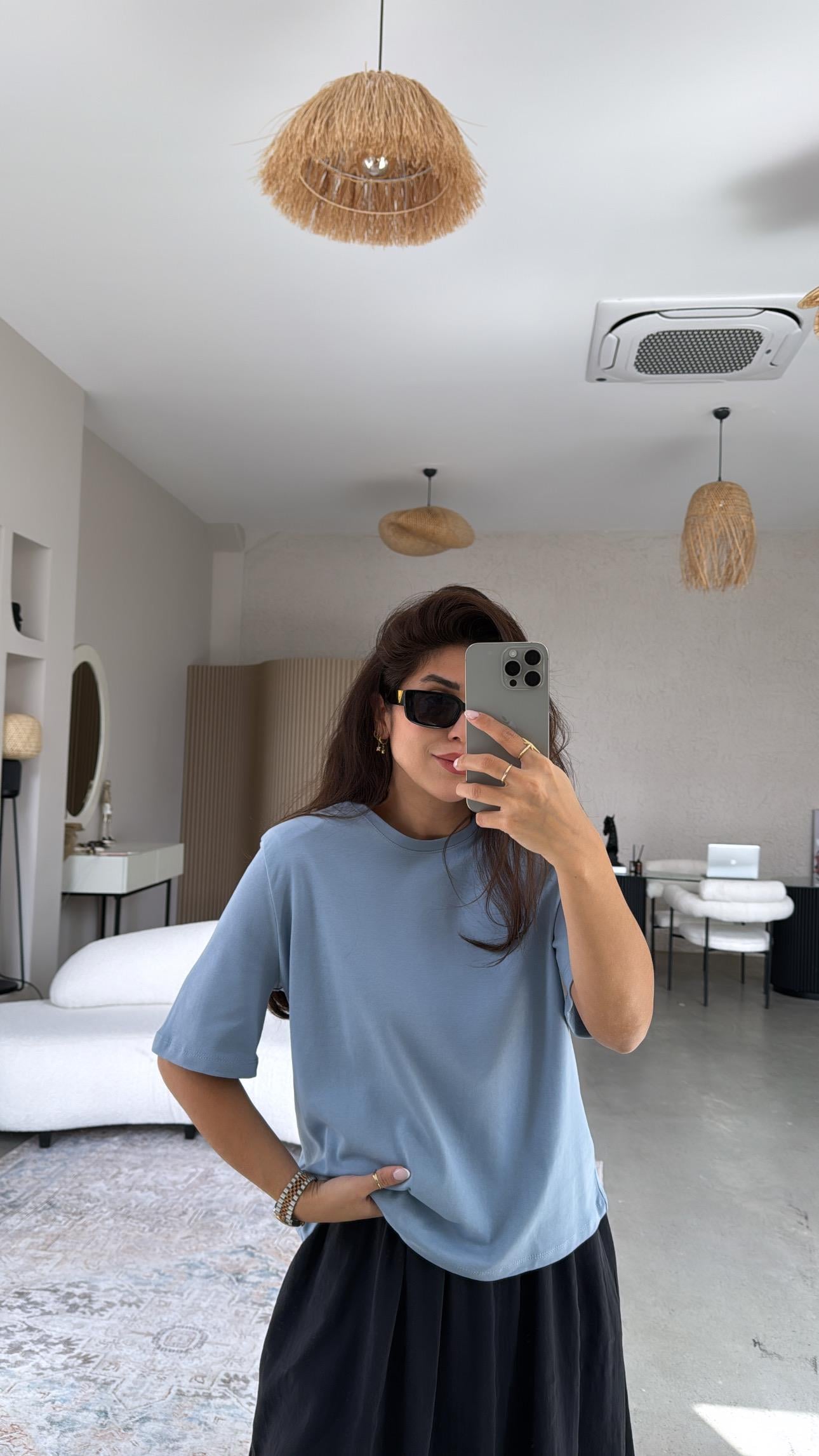 Mavi Vatkalı Pamuk Basic Tshirt