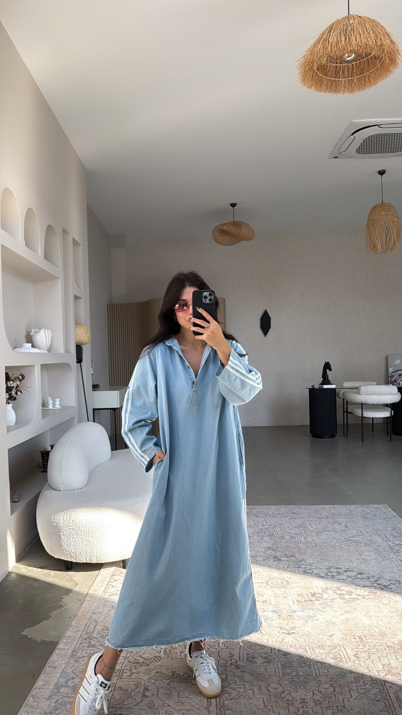 Mavi Yıkamalı Tensel Kumaş Oversize Salaş Elbise