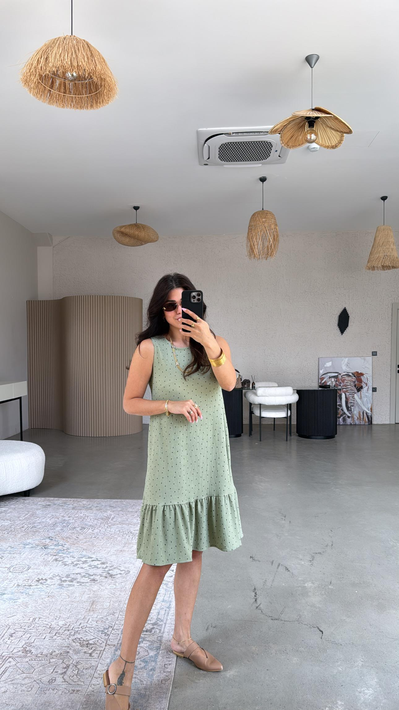 Mint Puantiyeli Altı Volanlı Bürümcük Elbise