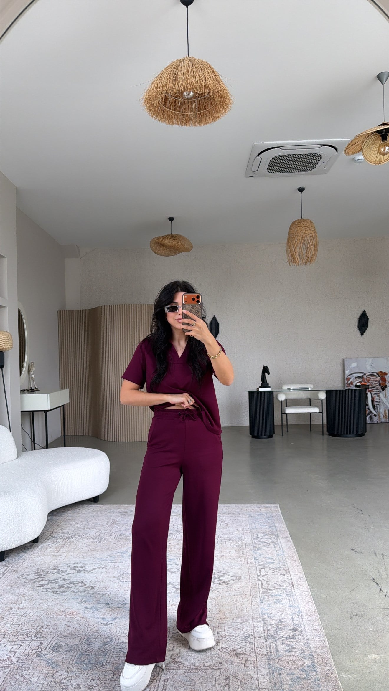 Mor Basic Modal Kumaş Yakalı Bol Paça Takım