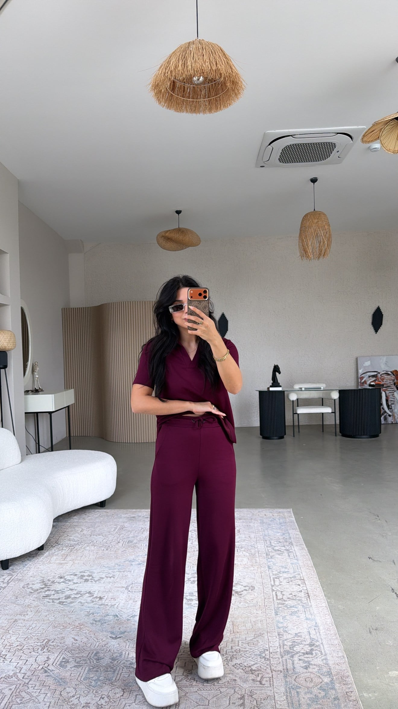 Mor Basic Modal Kumaş Yakalı Bol Paça Takım