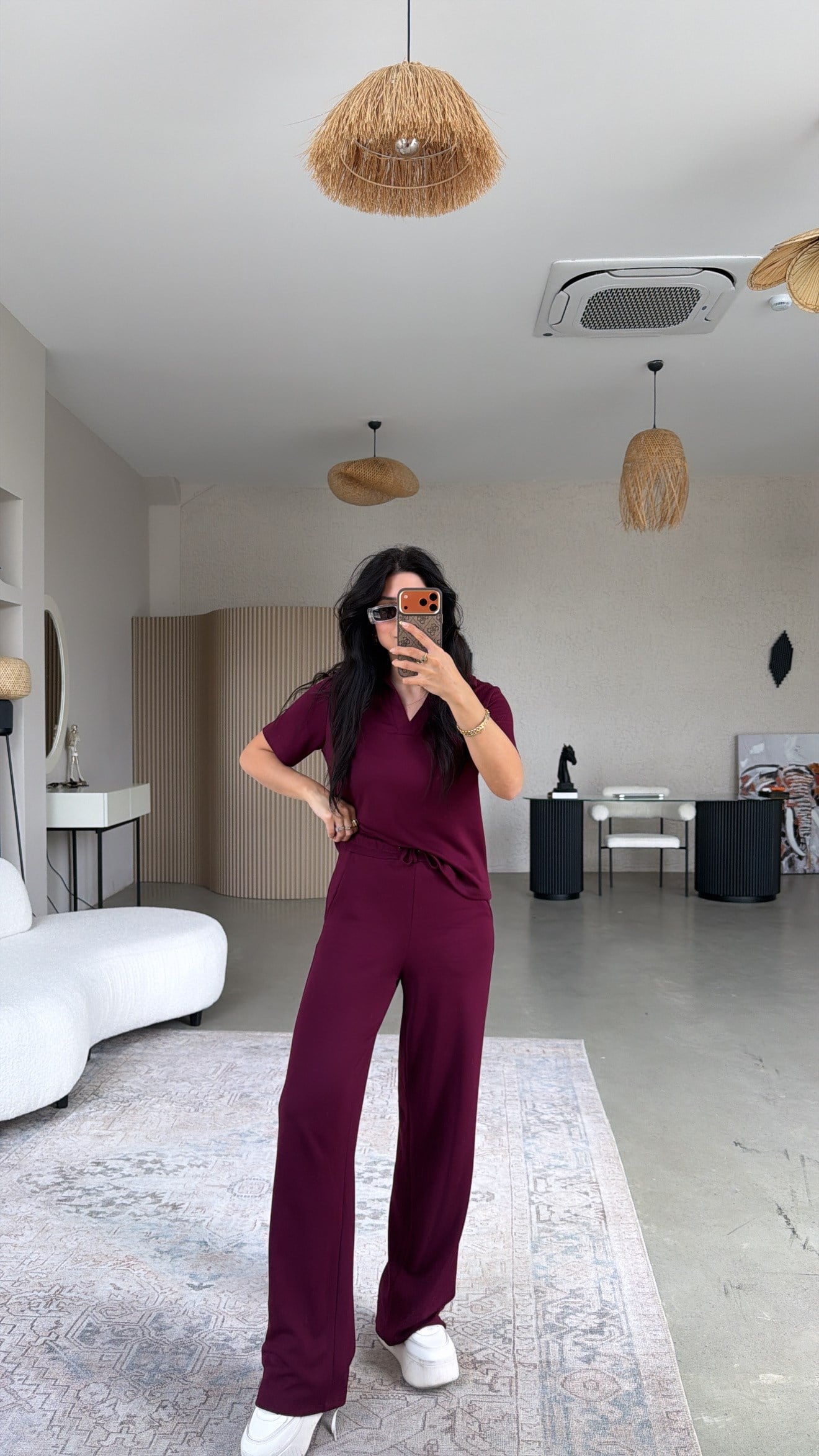 Mor Basic Modal Kumaş Yakalı Bol Paça Takım